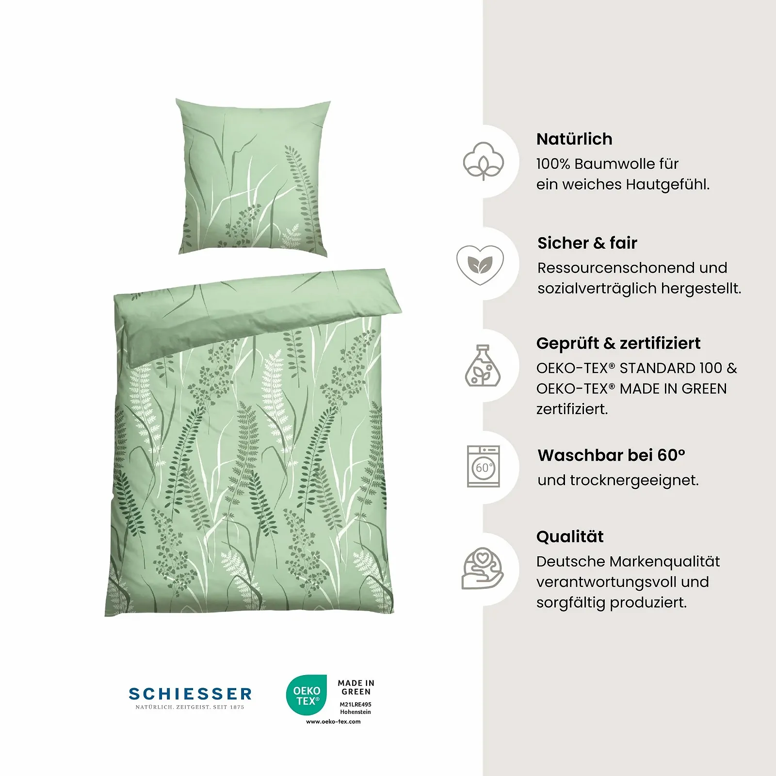 Комплект постільної білизни Schiesser Annic 2 предмети квітковий принт Renforcé 100% бавовна Öko-Tex на блискавці 135 x 200 см + 80 x 80 см зелений, фото №2