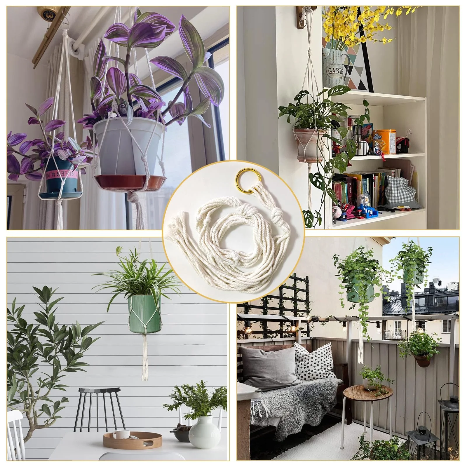 Подвесы макраме для растений 6 шт. хлопковая веревка для помещения и улицы Белый, фото №6