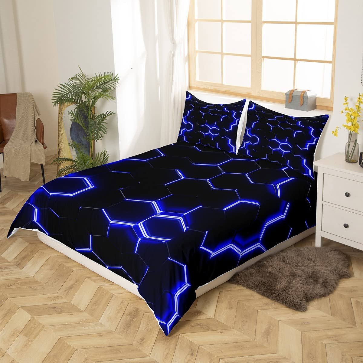 Комплект Постельного Белья Соты Loussiesd 135 x 200 см, Синий, Черный, Шестиугольный, Пододеяльник, Современный, Геометрический, Пчелиные Соты, Упрощенная Геометрия, На Молнии, фото №3