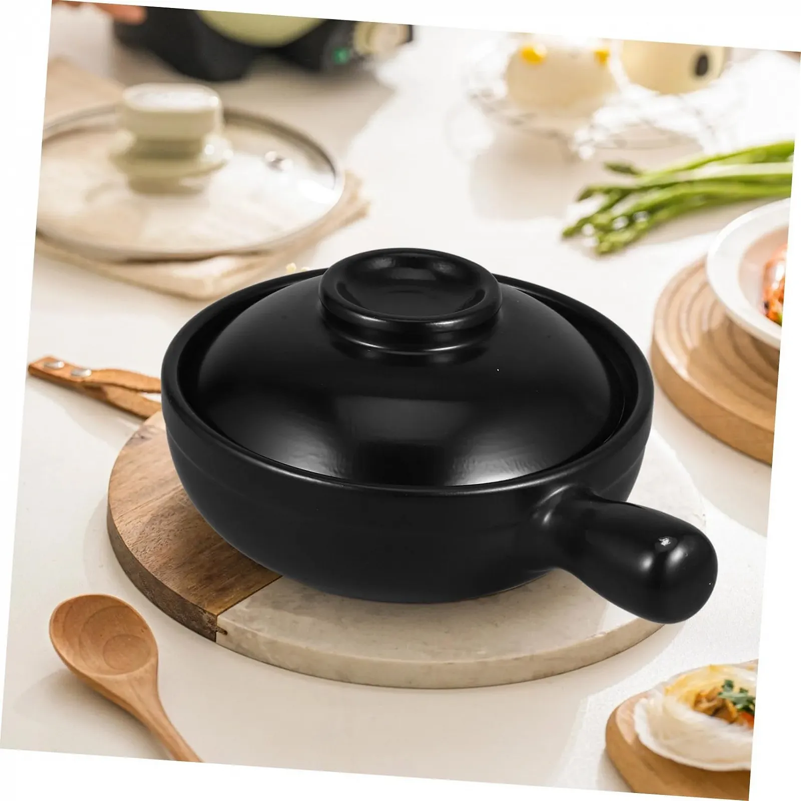 Глиняный горшок с крышкой Керамический для риса и тушения для плиты и микроволновой печи Универсальный, фото №9