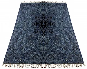 Покривало Lorenzo Cana з вовни мериноса, жакардове плетіння, візерунок пейслі, синій, чорний, золотисто-жовтий, 140 см x 200 см - Фото 1