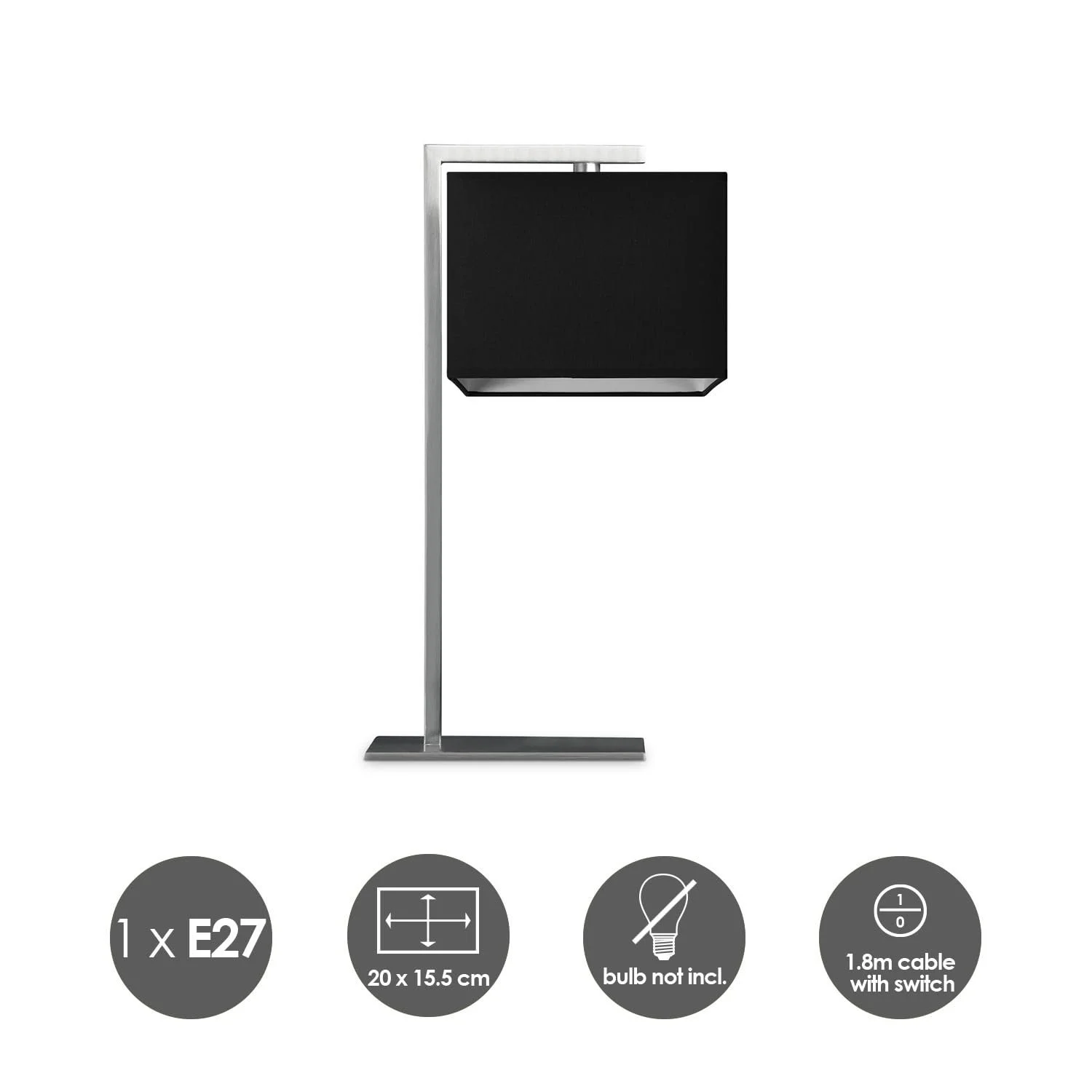 Настільна лампа Home Sweet Home Block Modern 20/20/44 см метал тканина E27 зі шнуровим вимикачем чорна, фото №3