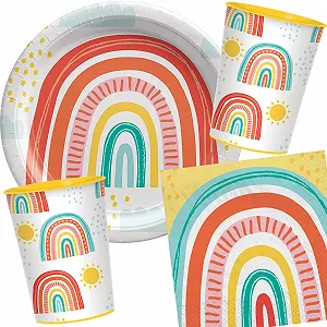 Набір посуду для вечірки Ретро Райдуга, з тарілками, стаканчиками, серветками та прикрасами - Фото 1