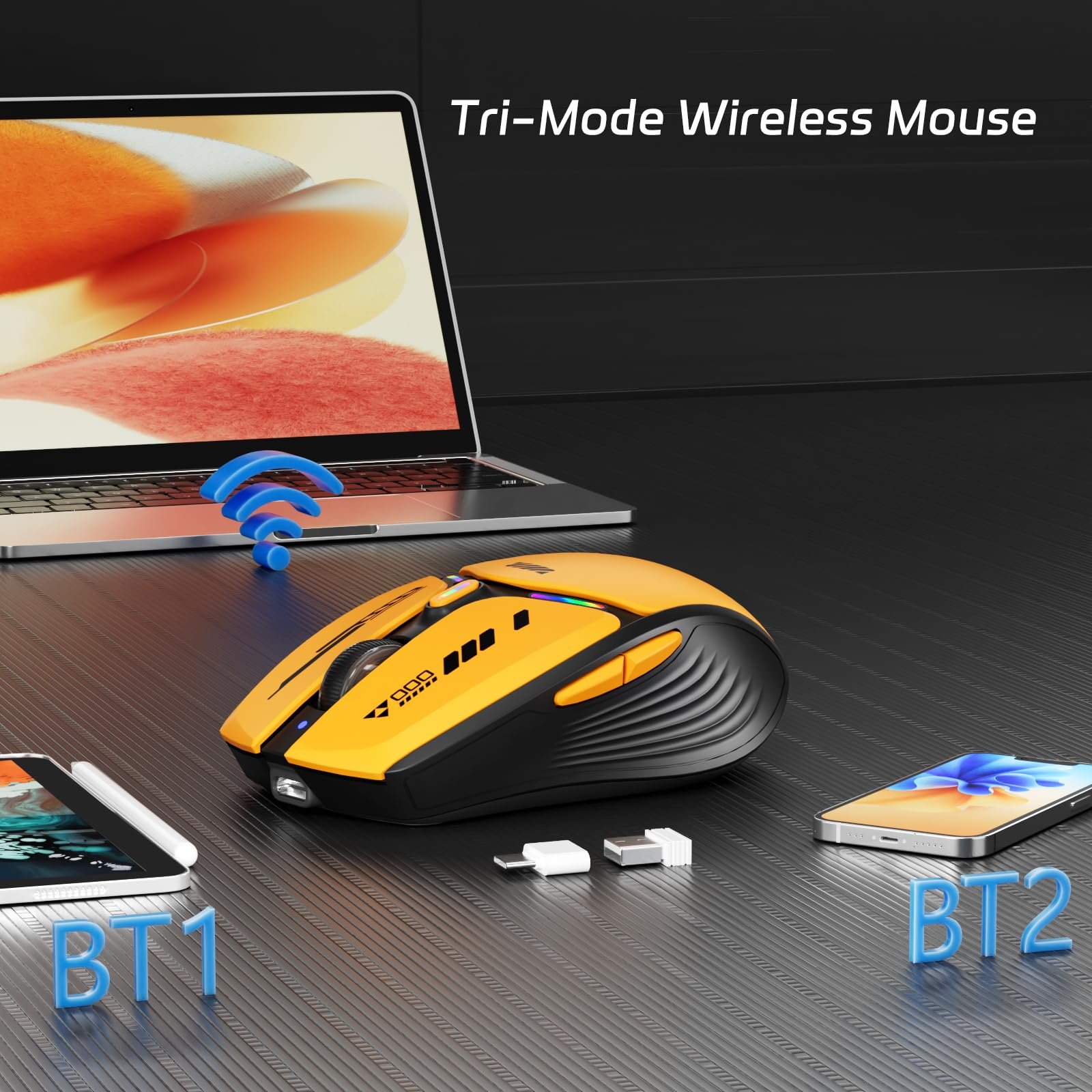 Миша Uiosmuph G19 Bluetooth, бездротова, світлодіодна (Tri-Mode: BT 5.1/5.0+2.4G), видимий рівень заряду батареї, 1600 DPI, оптична, USB, акумуляторна, фото №2