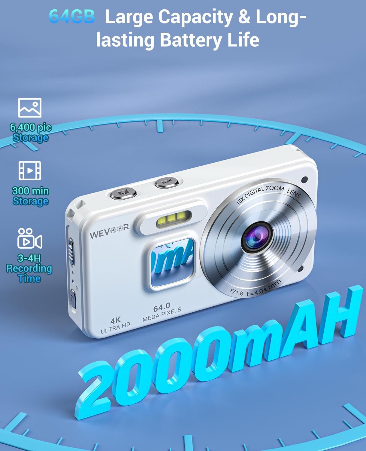 Цифровой фотоаппарат Wevoor 4K 64GB, 64 Мп Автофокус, экран 2.8 дюйма, 18X цифровой зум, мини камера 2000 mAh, черный, фото №5