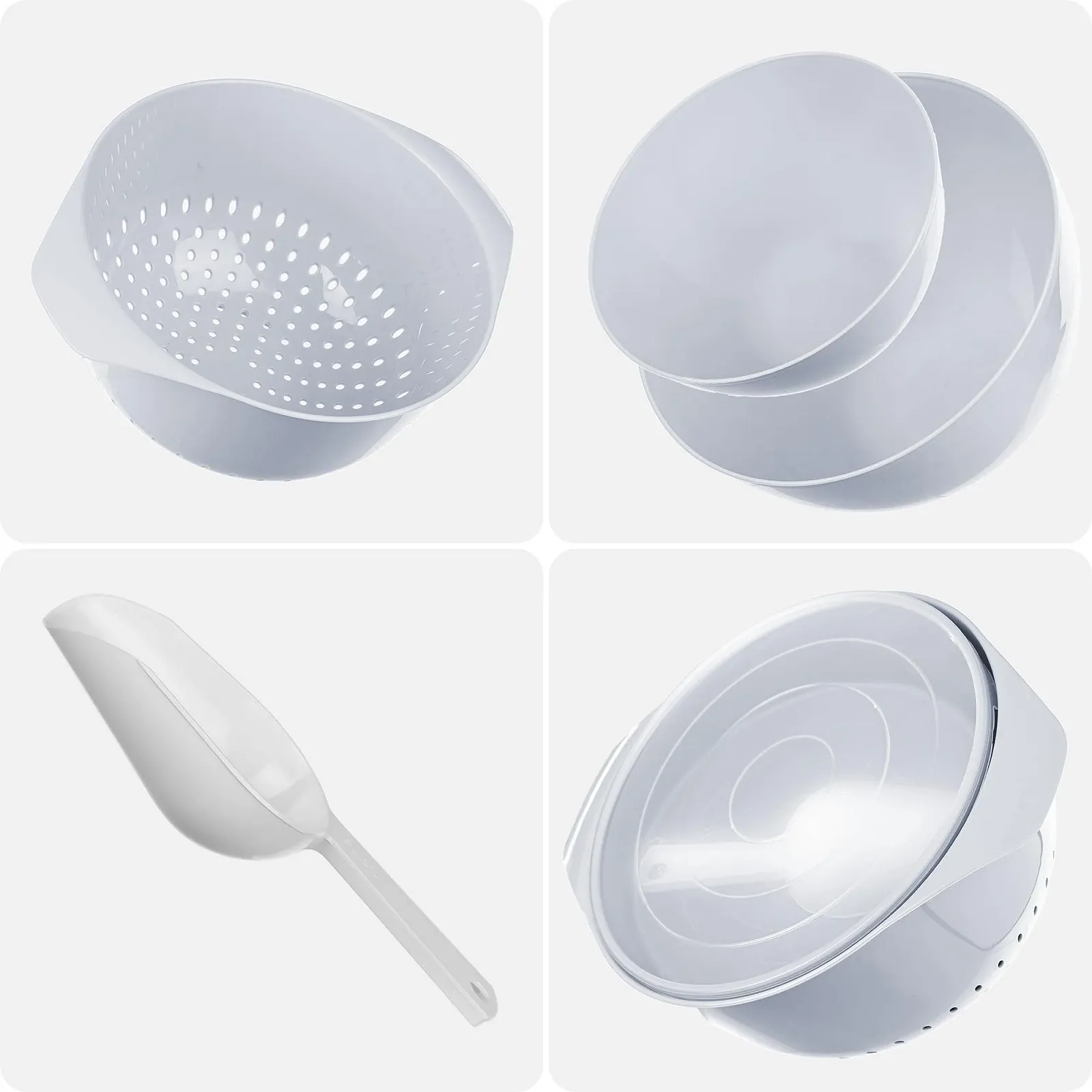Набір мисок KADAX 1.5 л та 3 л з кришками, совком та друшляком 3.5 л Plastic, фото №6