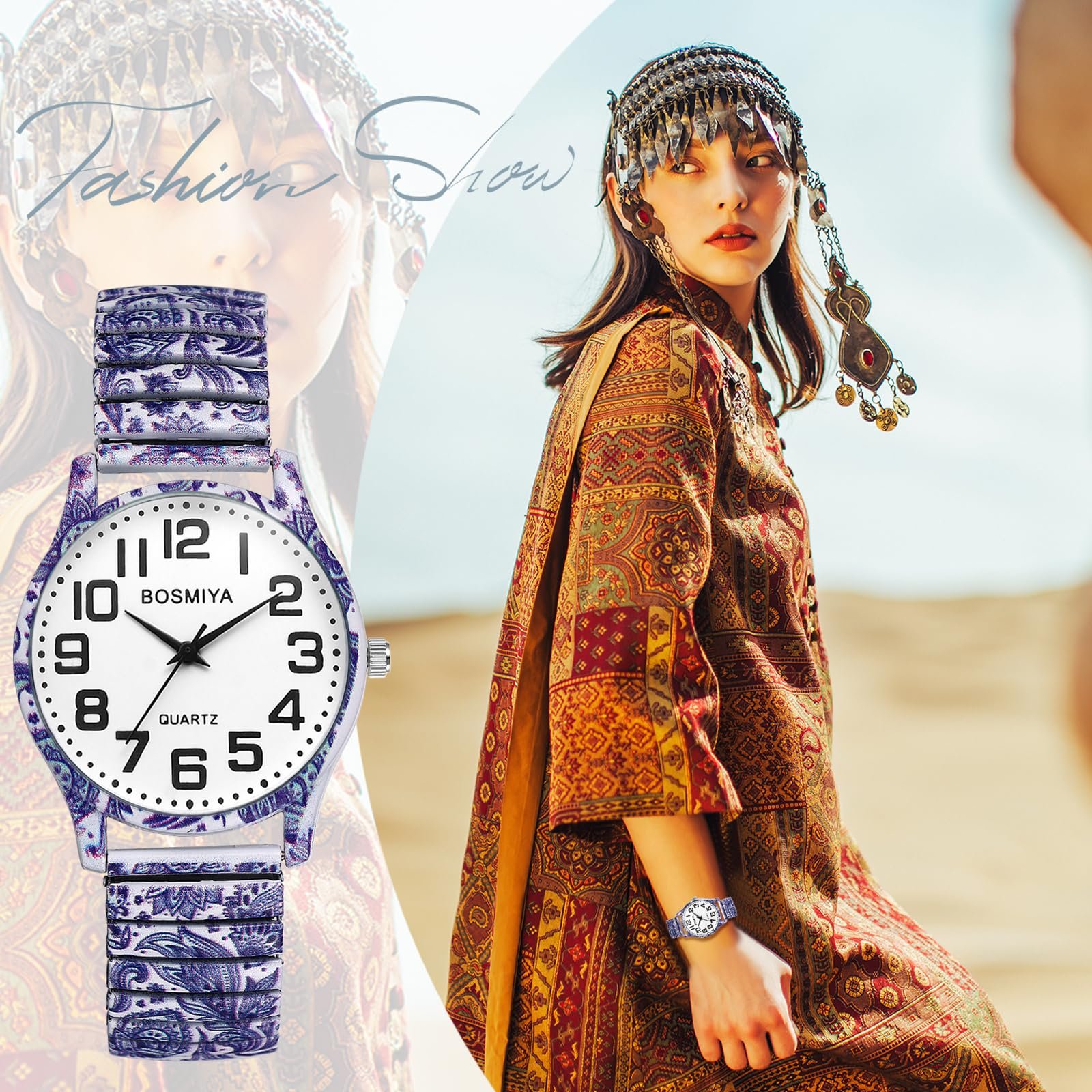 Женские часы Богемные эластичные JewelryWe Винтажный сине-белый фарфоровый принт Аналоговые кварцевые Наручные часы Женский браслет из нержавеющей стали, фото №6 Женские часы Богемные эластичные JewelryWe Винтажный сине-белый фарфоровый принт Аналоговые кварцевые Наручные часы Женский браслет из нержавеющей стали, фото №6