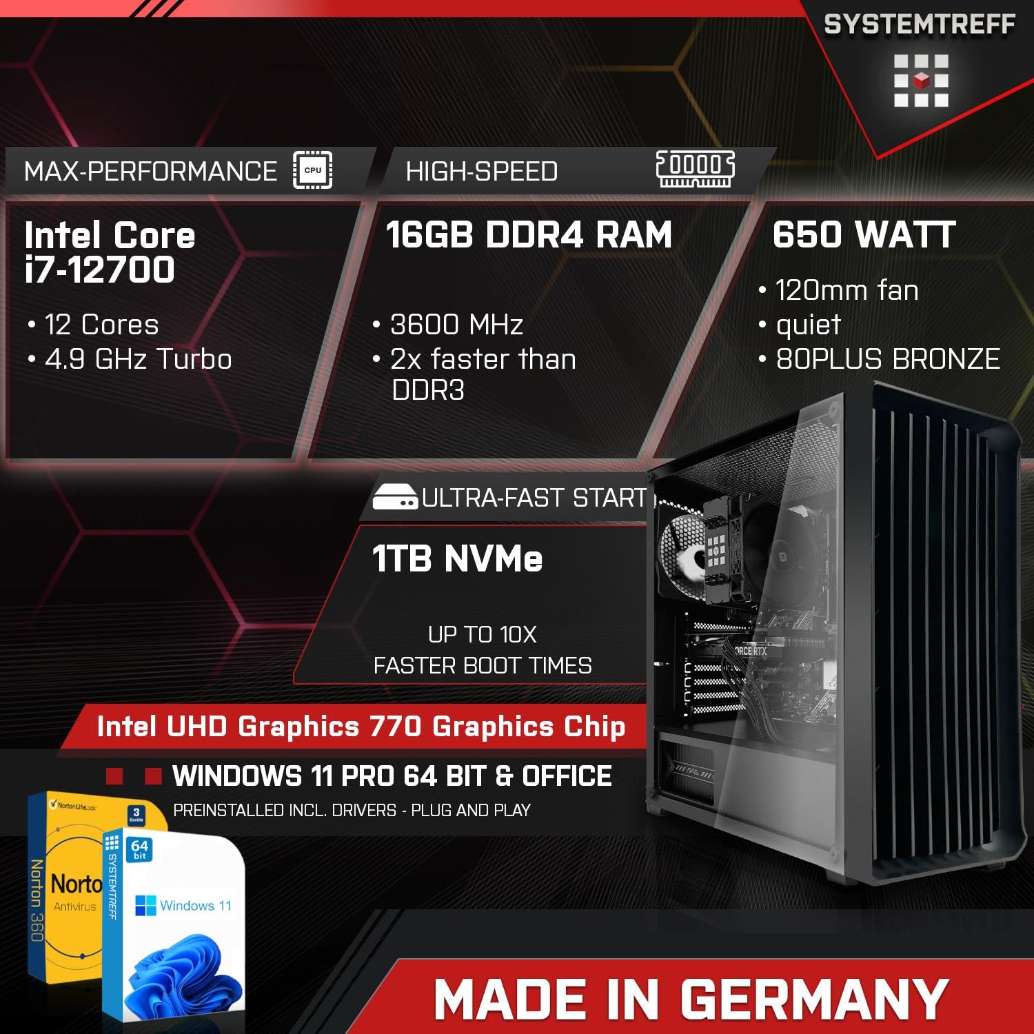 Компьютер Systemtreff Office Intel Core i7-12700 12x4.9GHz UHD 770 4K HDMI DX12 1TB M.2 NVMe 16GB DDR4 RAM WLAN, фото №2