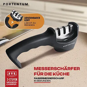 Ручне точило для ножів PORTENTUM Professional 3 рівні кераміка вольфрам алмаз Чорне/Хром synthetic.ua - Фото 1