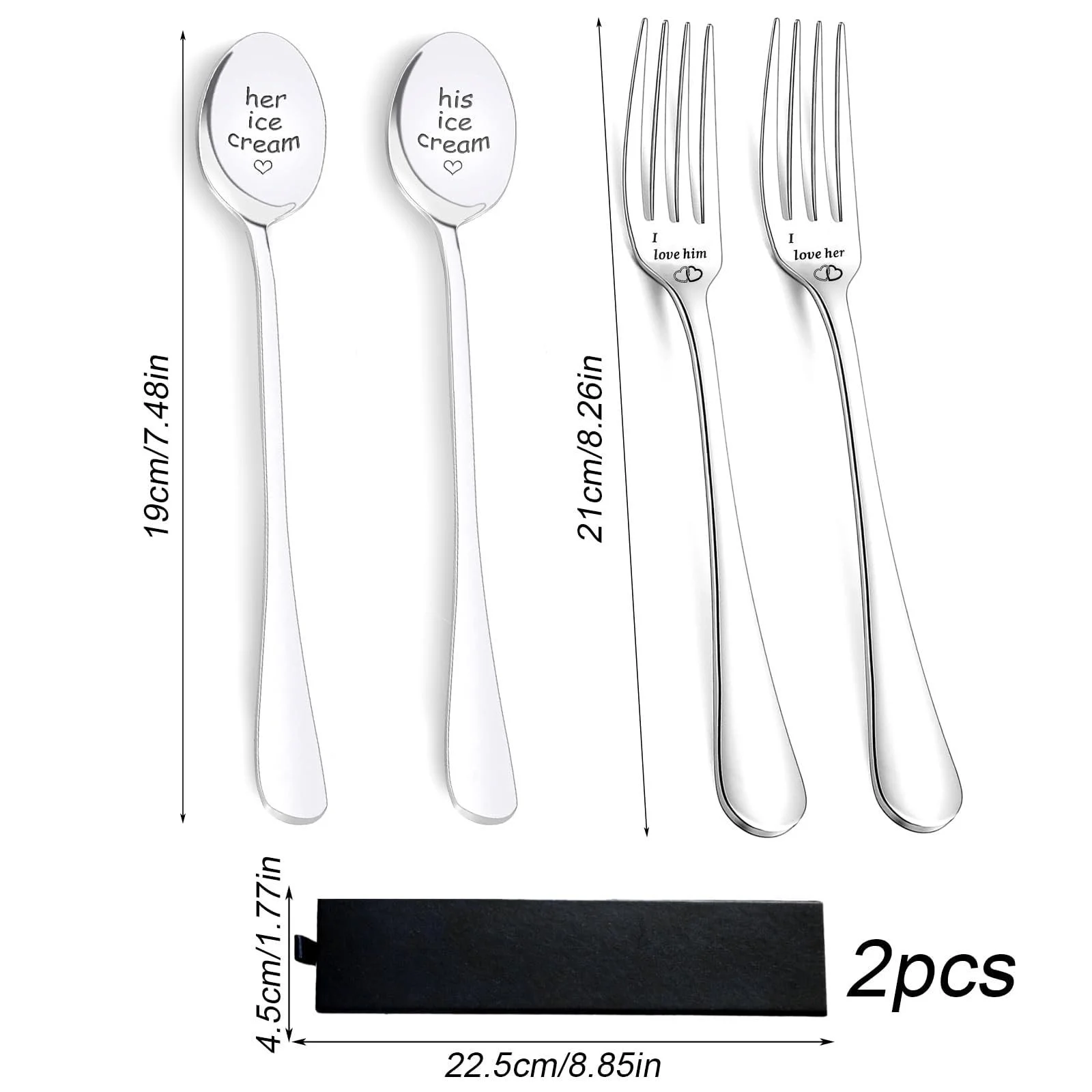 Набор из 6 кофейных ложек ко Дню святого Валентина и гравированной вилки, фото №2