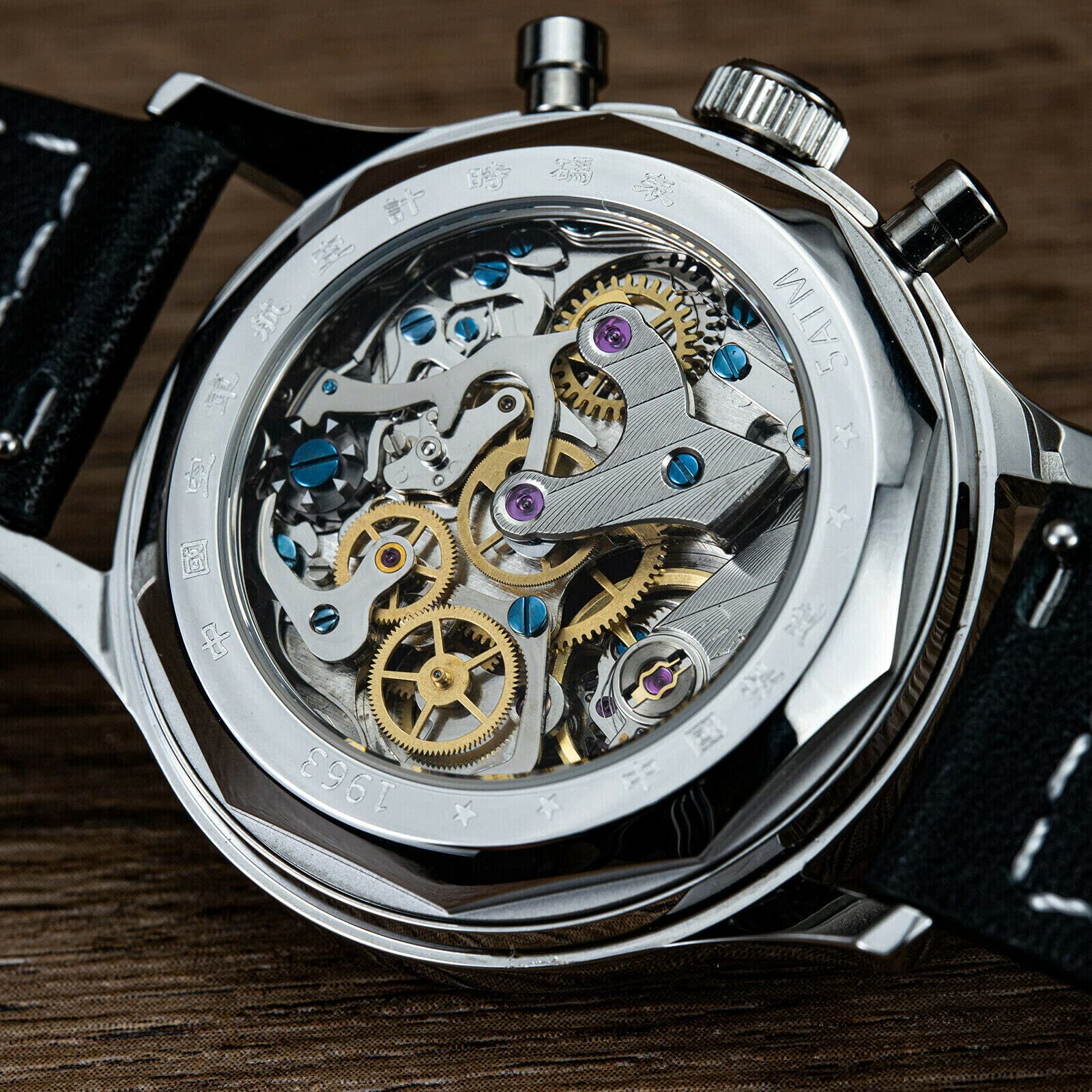 Мужские часы-хронограф Sugess Five Star Panda Chrono Seagull ST1901 38мм сапфировое стекло 1963 SUPAN006GN серебряный ремешок, фото №5