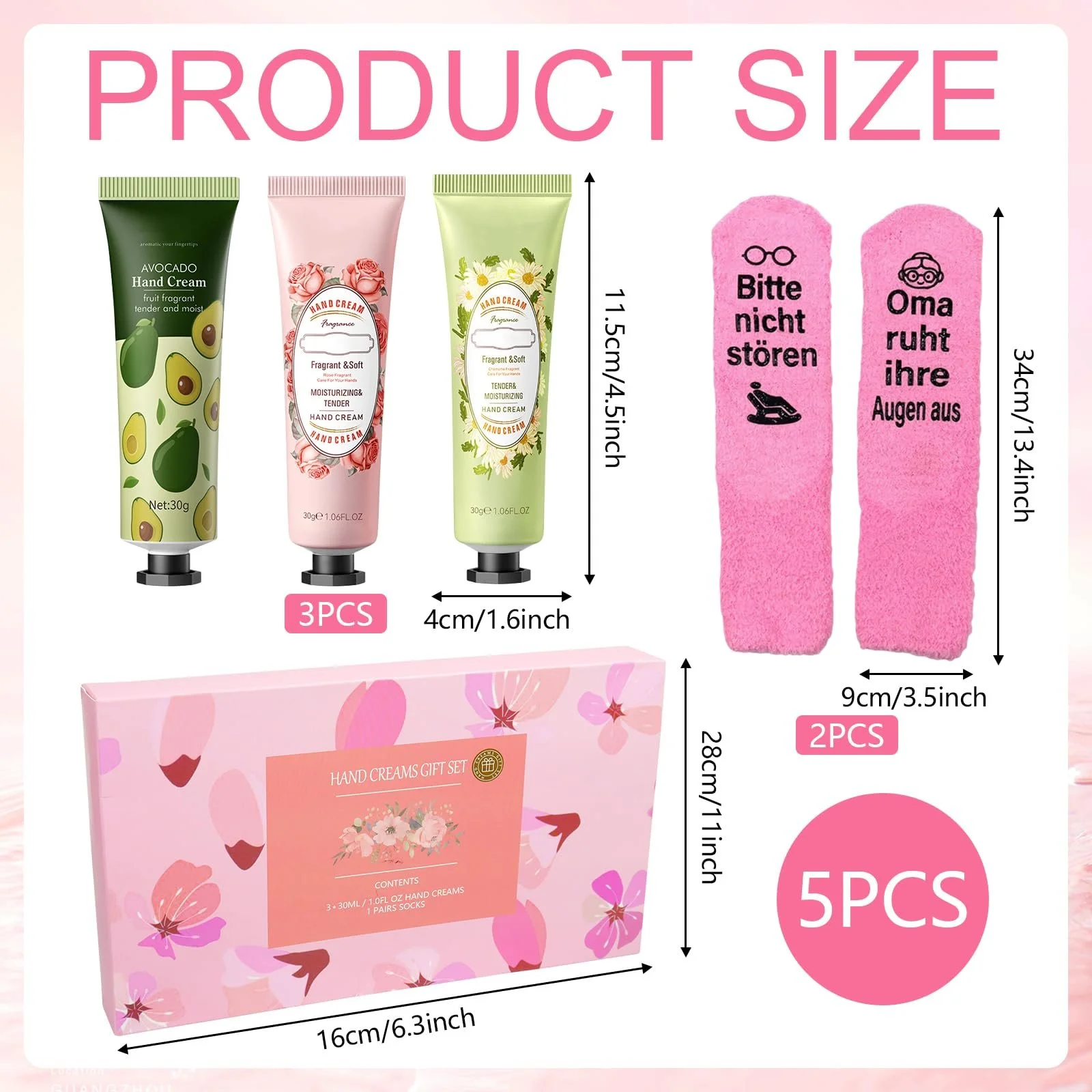 Подарочный набор Носки Рукавички для рук Oma ruht ihre Augen aus Роза, ромашка, авокадо, фото №8
