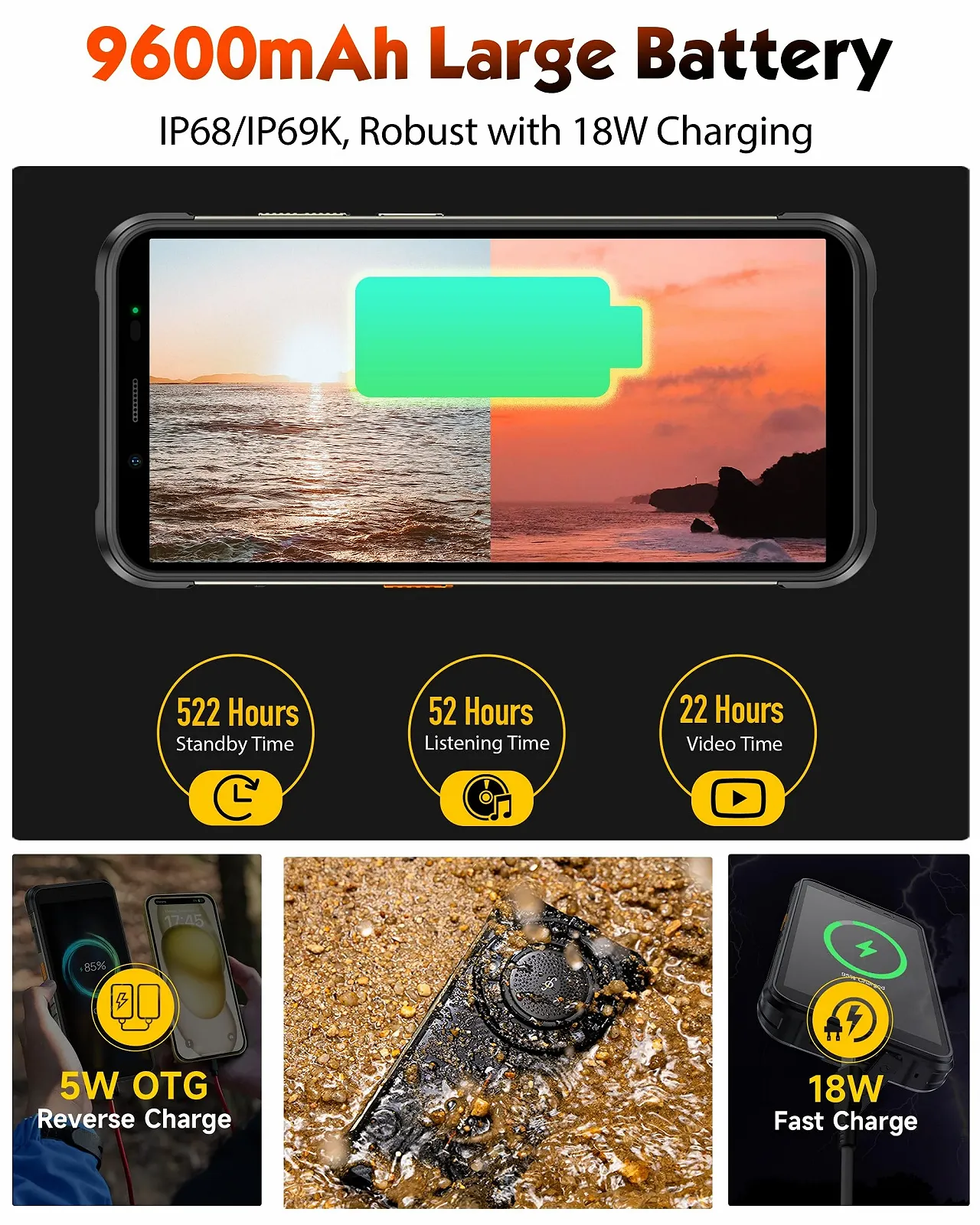 Смартфон Ulefone RugKing 9600mAh 126dB 16GB + 128GB IP68K 50MP 5.99" 3-SIM Android 15, фото №2