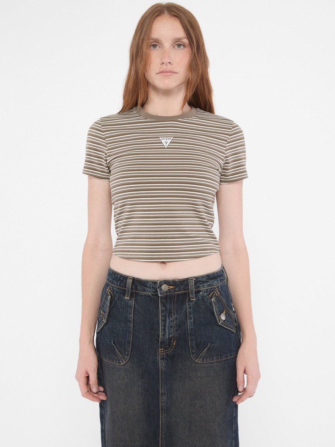 Жіноча футболка GUESS JEANS / Оливкова у смужку / Розмір S, фото №1