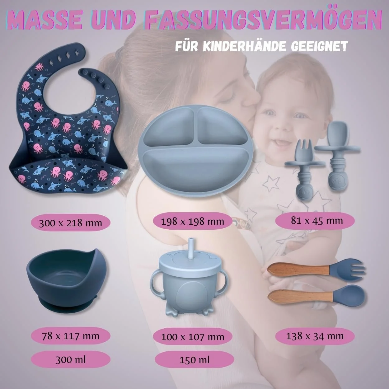 Набір силіконового дитячого посуду FlexiTot з присоскою, мискою, поїльником, слинявчиком та столовими приборами Синій, фото №7 Набір силіконового дитячого посуду FlexiTot з присоскою, мискою, поїльником, слинявчиком та столовими приборами Синій, фото №7