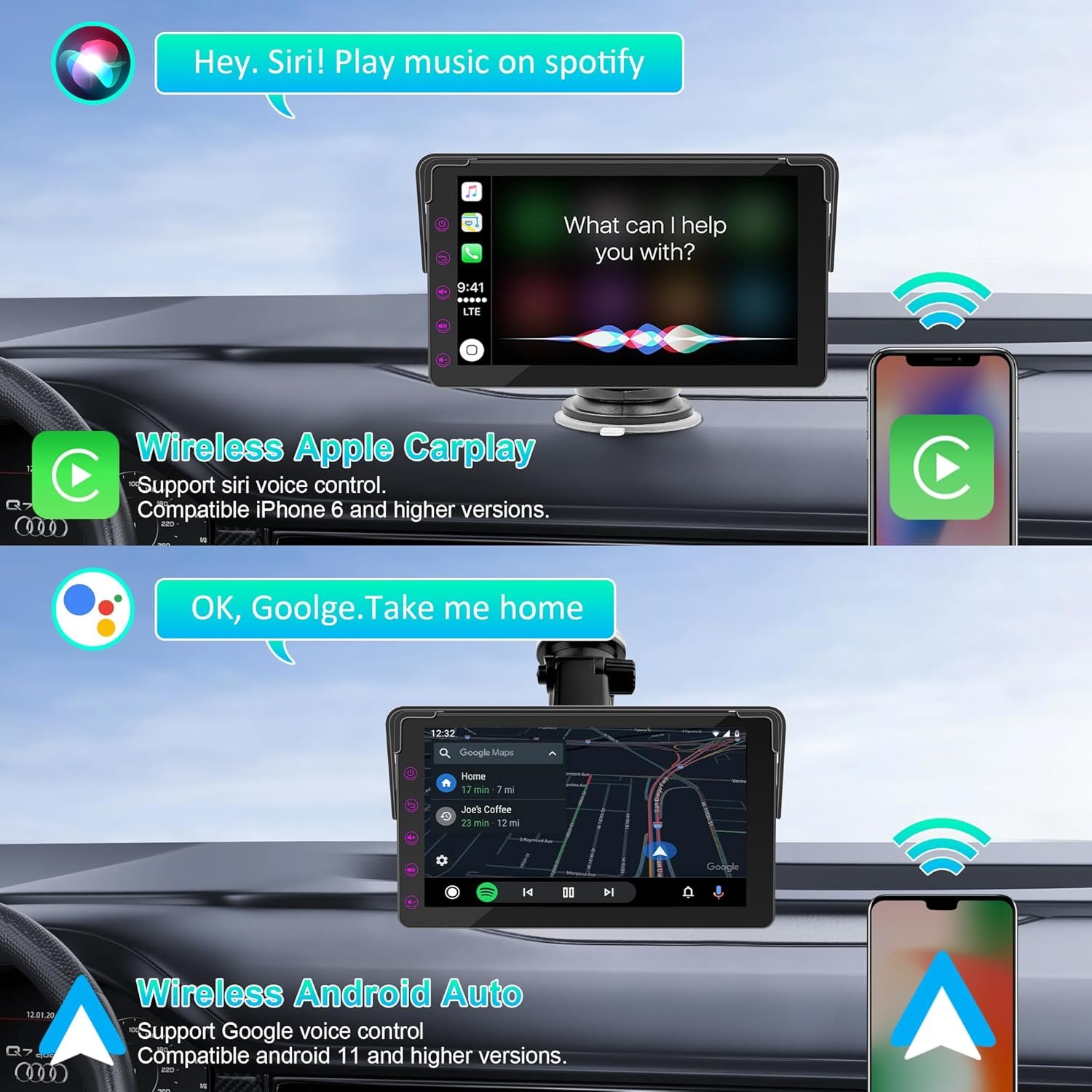 Автомагнитола WSRADIOKITS / 7" / Сенсорная / Apple CarPlay / Android Auto / Bluetooth / FM / AUX / USB, фото №3