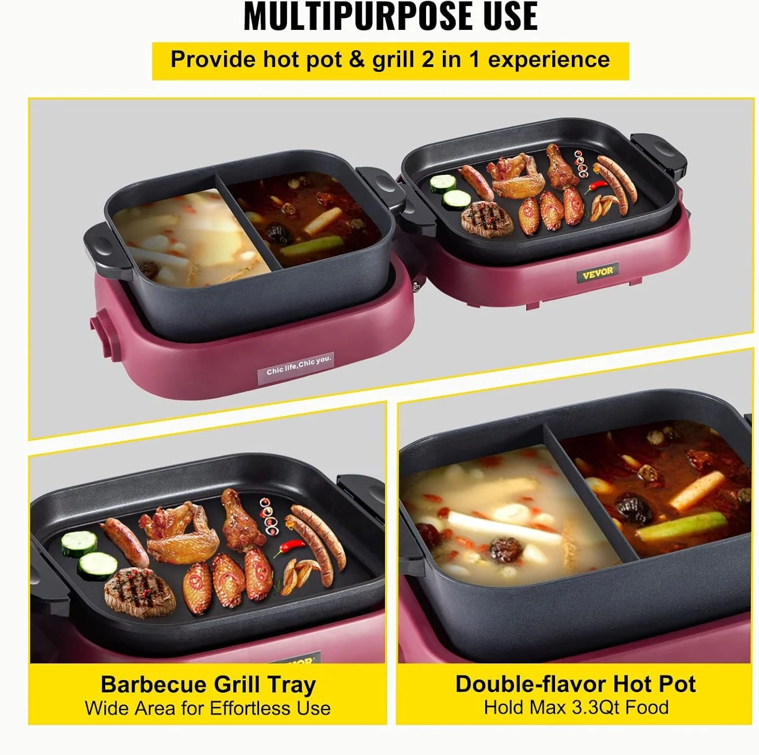 Электрогриль VEVOR TKM-P10 2100W / 2-в-1 Гриль + Фондю / Независимый Контроль Температуры / Антипригарное Покрытие / Бургунди, фото №3