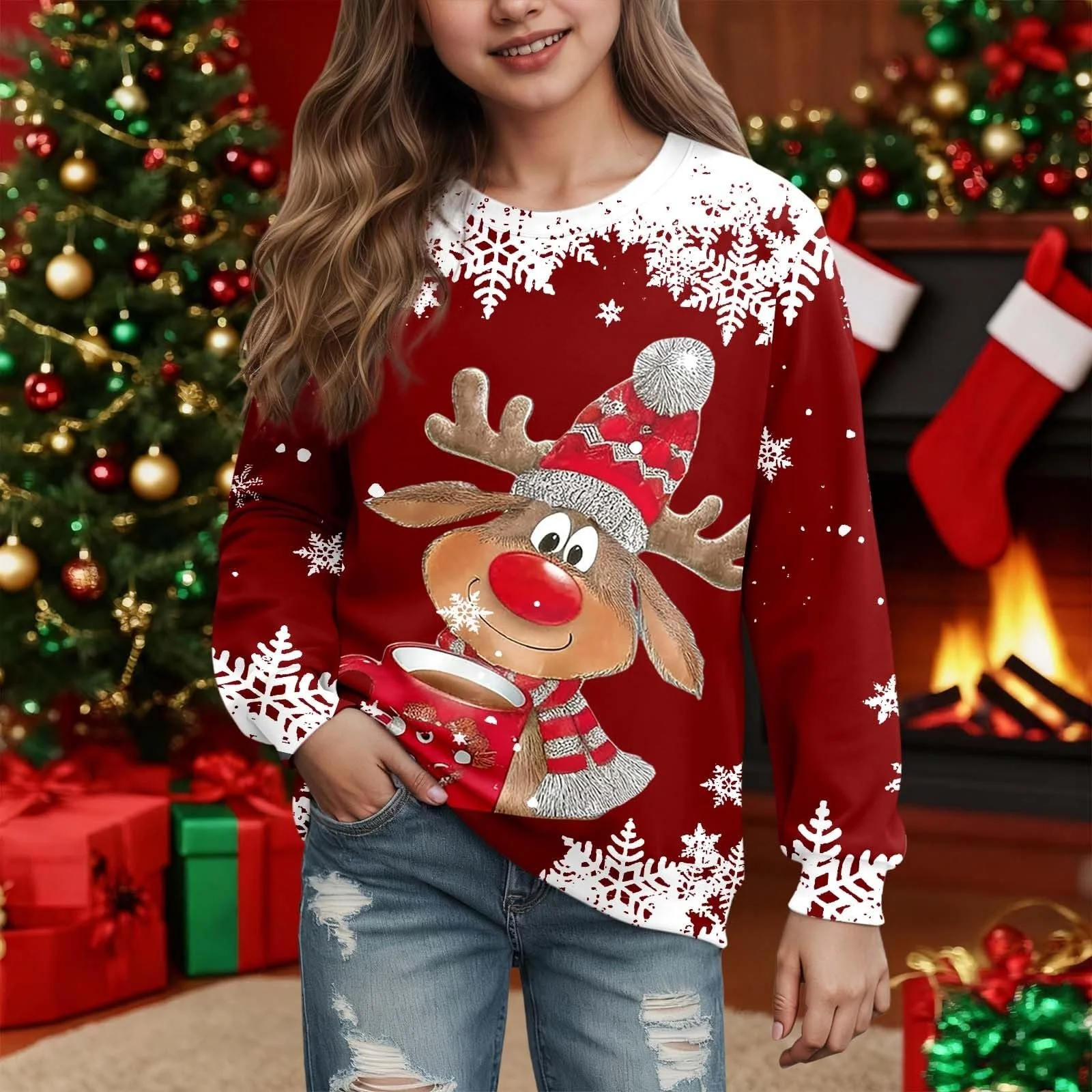 Пуловер Generisch Рождественский детский свитшот Повседневный топ Свитер для девочки с принтом, длинными рукавами, повседневный верх для ежедневной носки, фото №3