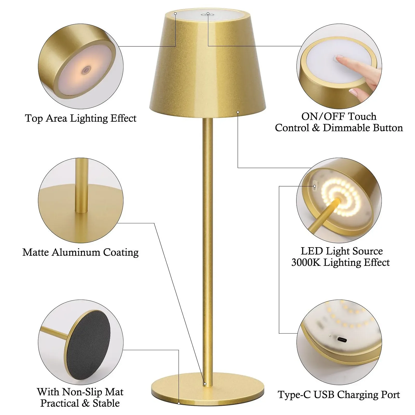 Настільна лампа Klighten LED акумуляторна алюмінієва IP54 сенсорна безступінчасте димування USB-C Золотистий, фото №3