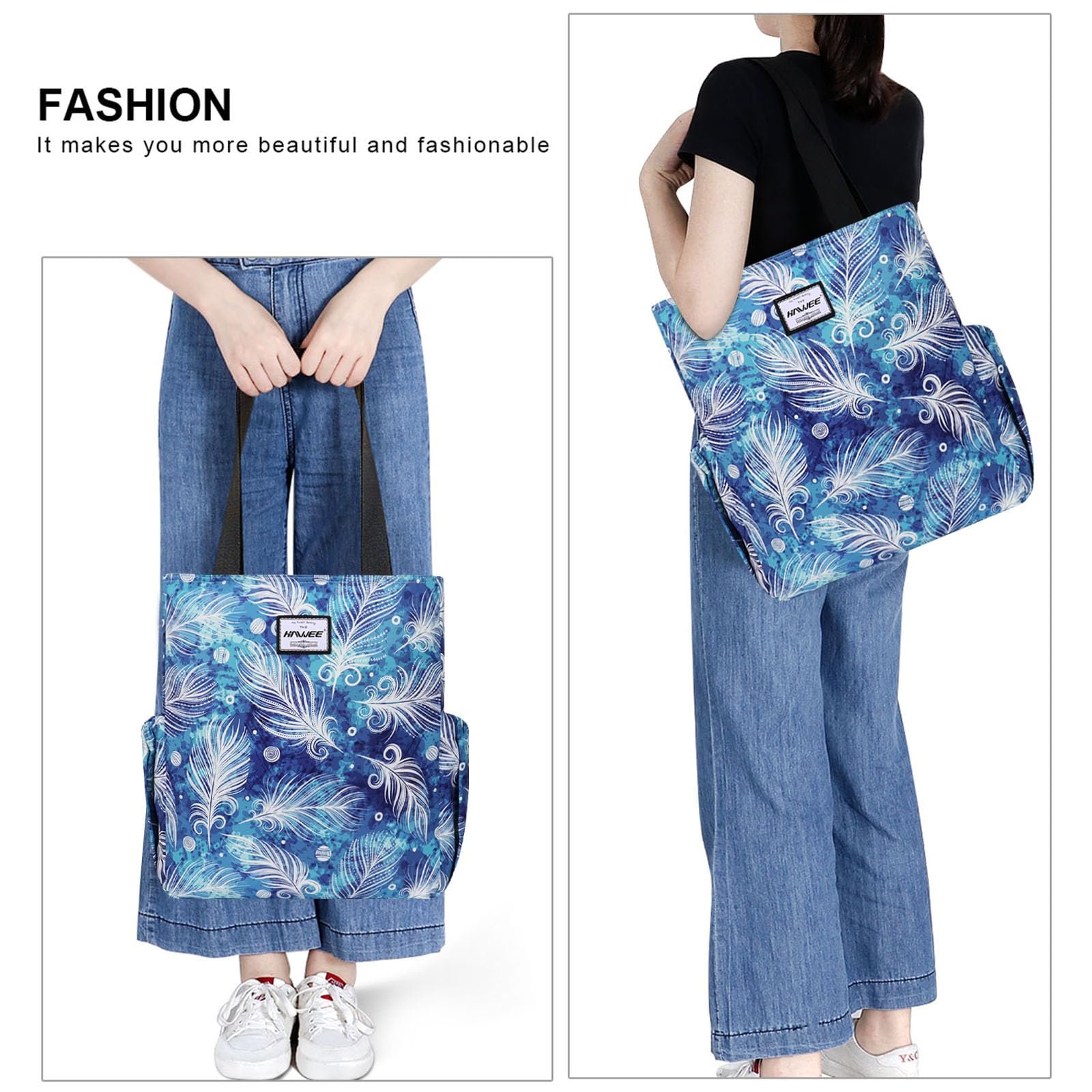 Сумка с короткими ручками Hawee Fashion, женская, с молнией, большая, для покупок, водонепроницаемая, для путешествий, работы, учебы, повседневной жизни, спортзала, пляжа, с перьями, фото №5