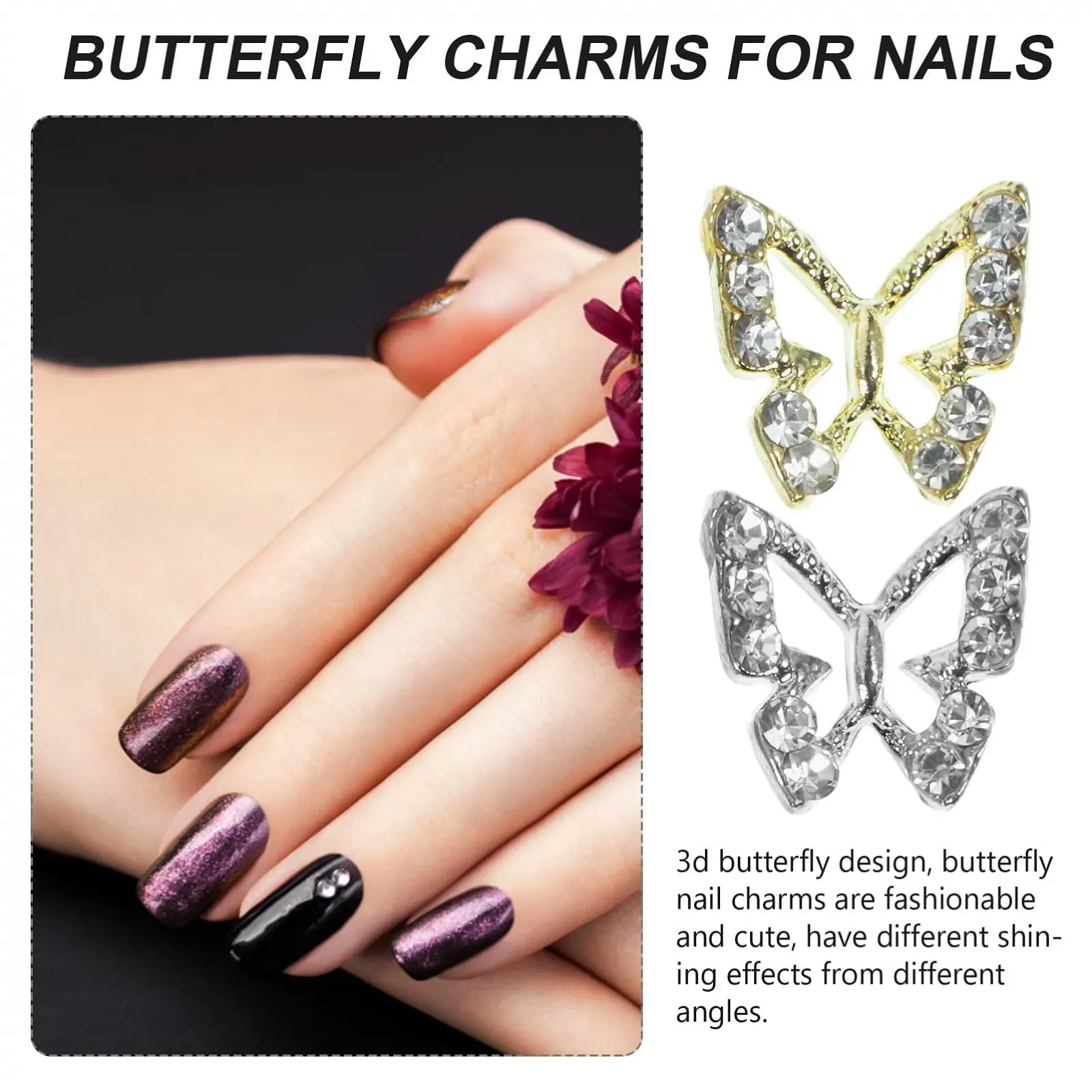 Підвіски у вигляді метеликів POPETPOP 3D, 40 шт., металевий сплав, стрази, блискучі прикраси для манікюру для щоденного використання на весіллях та вечірках, фото №8
