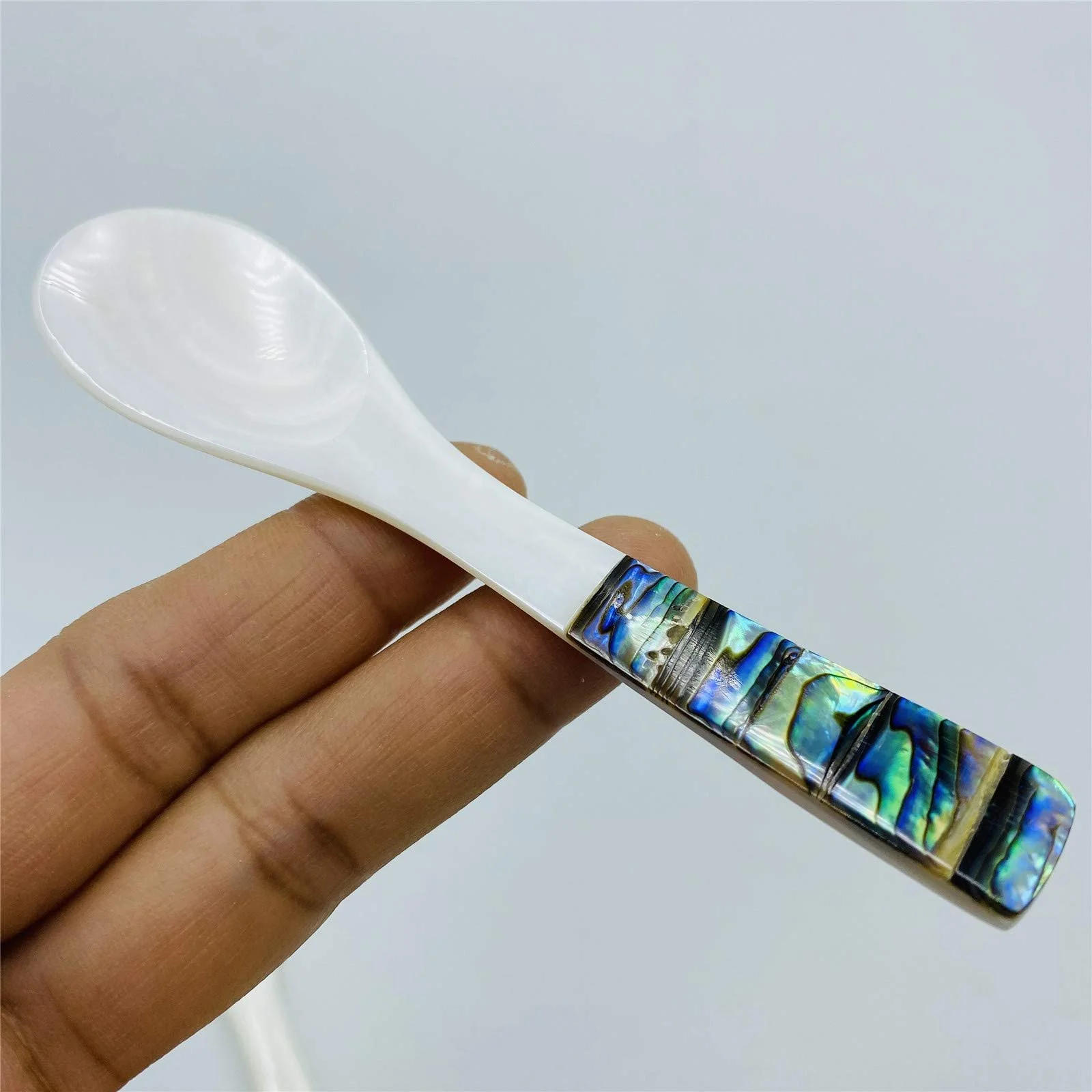 Ложка для ікри з перламутру 3.94 дюйми, набір 2 шт, ручна робота, з круглою ручкою біла, фото №6