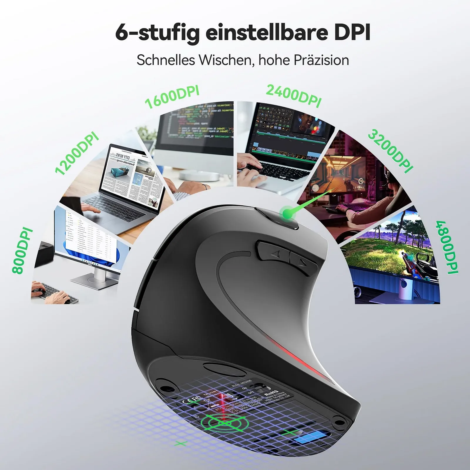 Миша TECKNET Бездротова Bluetooth Ергономічна Вертикальна з USB-C адаптерами 4800 DPI Оптична Тиха 6 Кнопок, фото №4