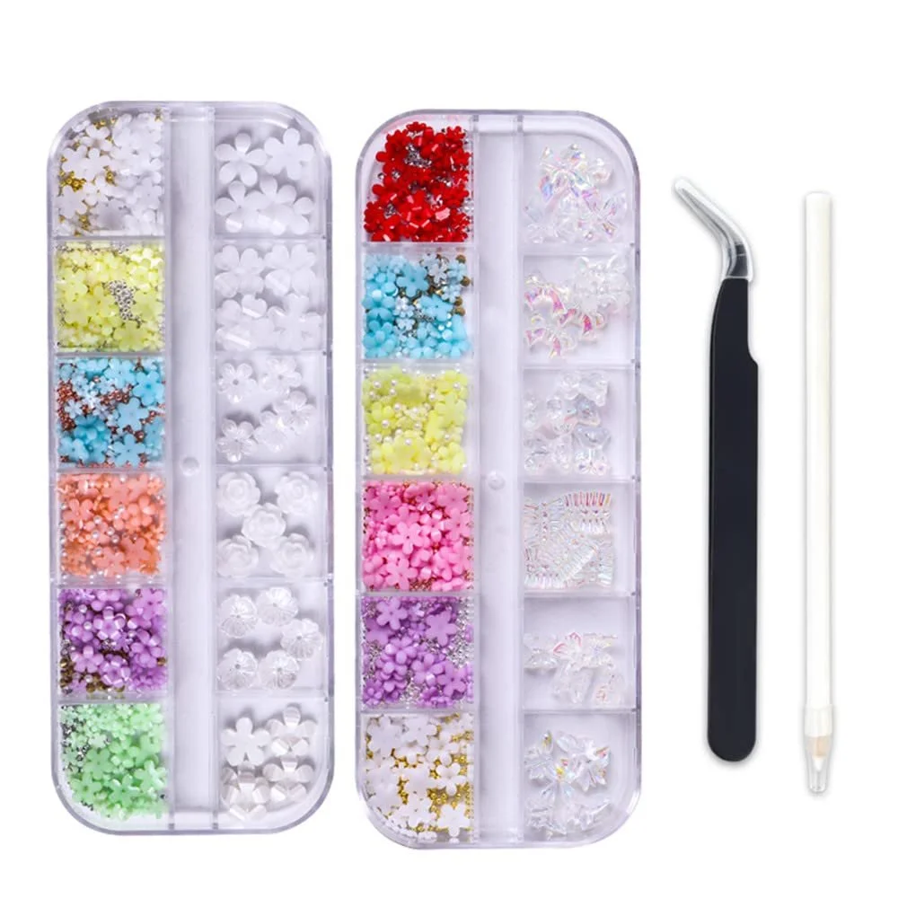 3D Цветок Жемчуг Блестки Наклейки для ногтей, 2 коробки, смешанный дизайн, стразы, аксессуары для ногтей, набор для дизайна ногтей, золото, серебро, белый, фото №1