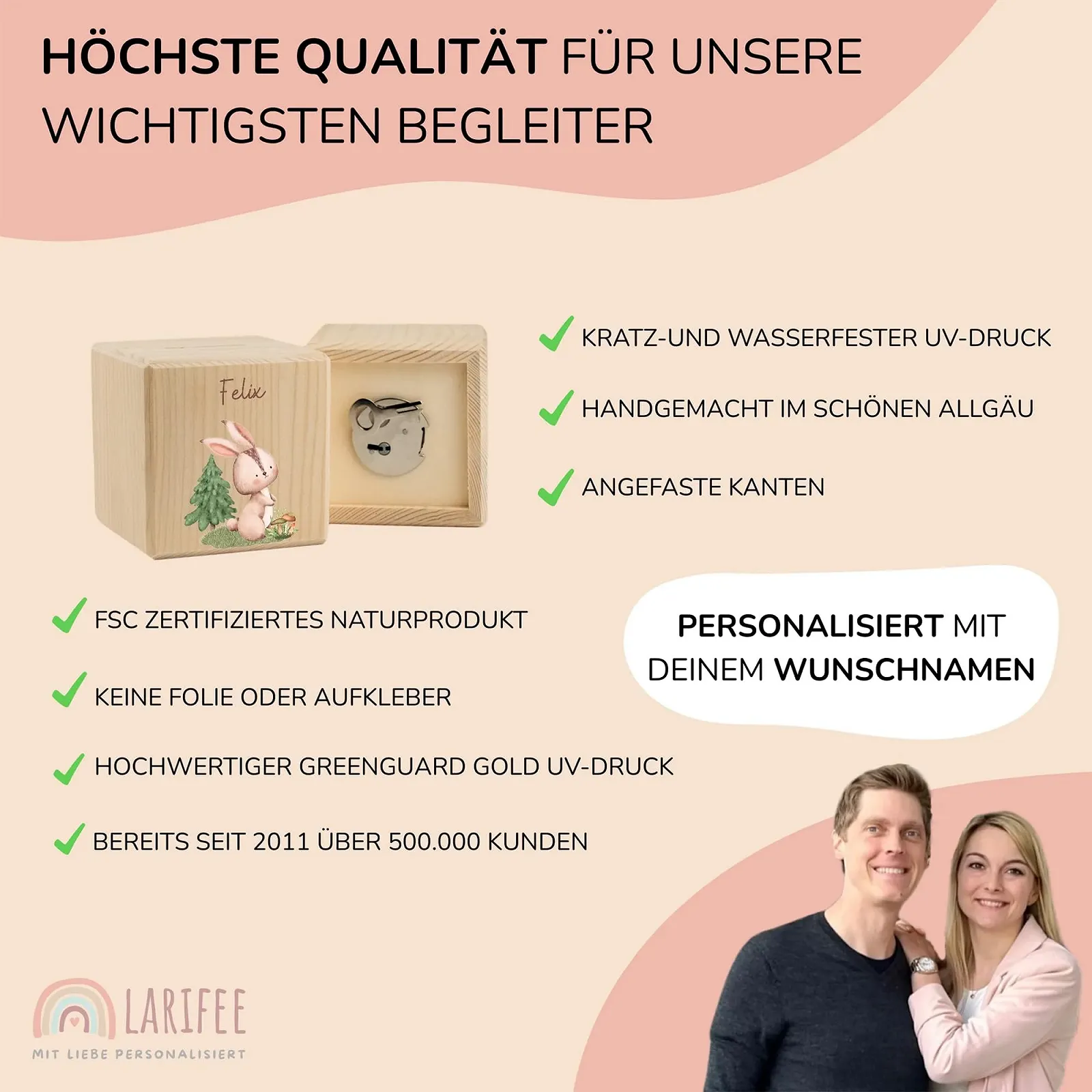 Копилка LARIFEE Rabbit деревянная кубическая с замком и ключом, фото №4