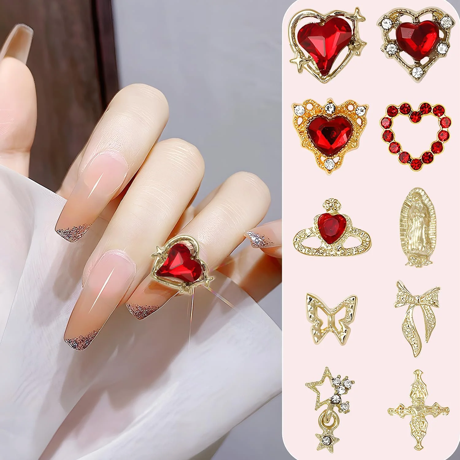 Набор шармов для ногтей 3D Gold Heart, Butterfly & Cross золотистые, фото №3