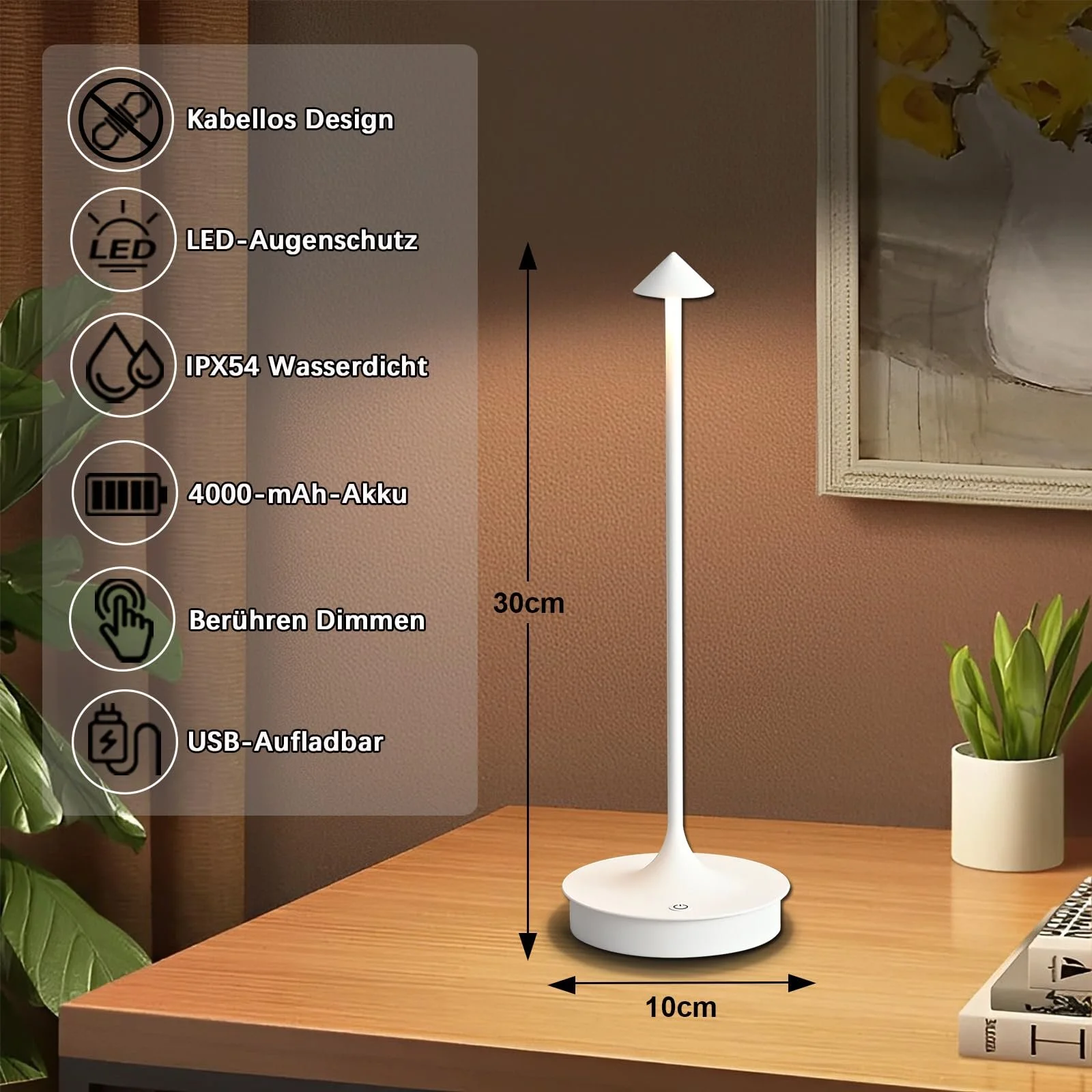 Настольная лампа Leomix LED беспроводная аккумуляторная 4000 мАч сенсорная диммируемая IP54, фото №2