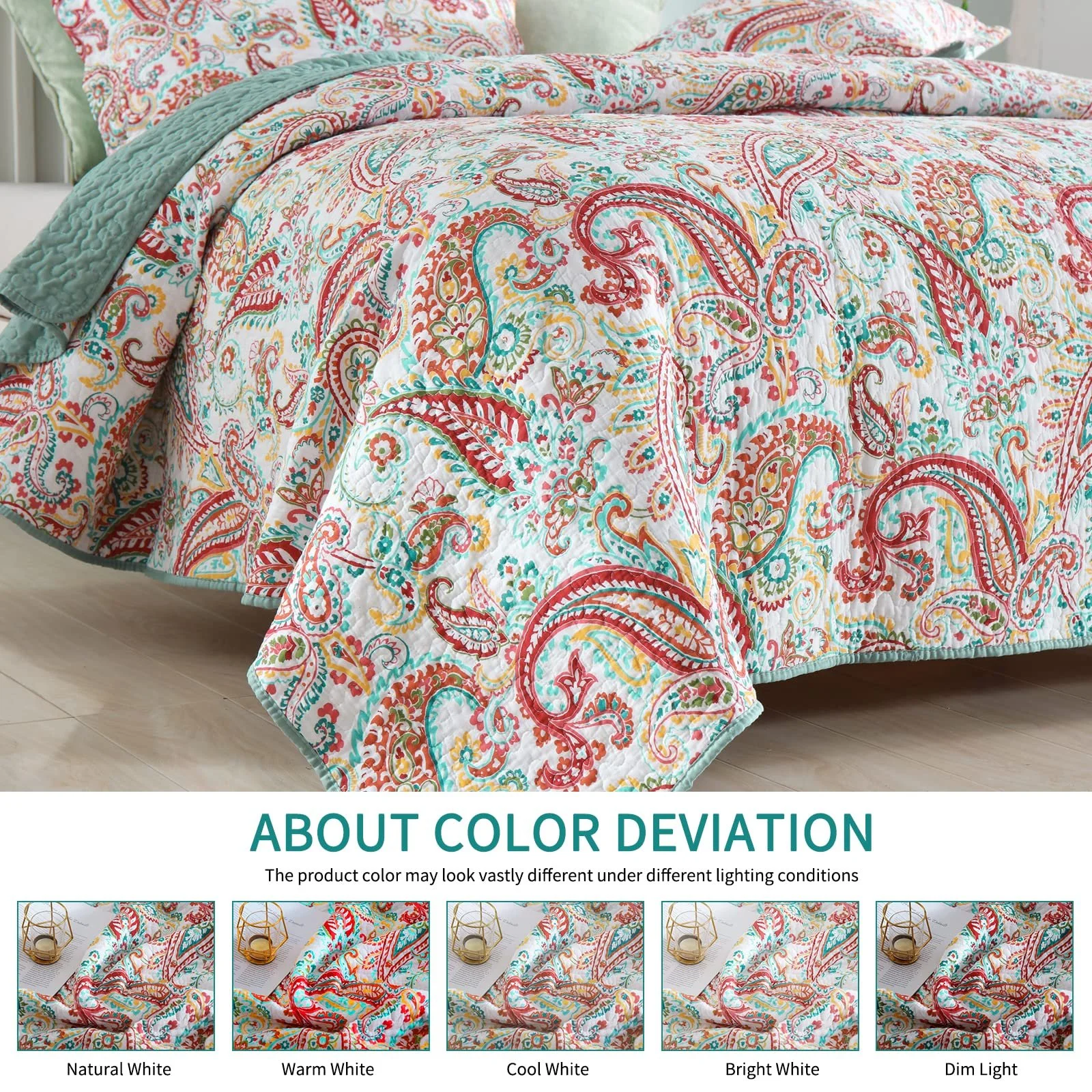 Покрывало Qucover 140 x 200 см Односпальная кровать Хлопок и полиэстер Богемный стиль Двусторонний узор пейсли и светло-зеленый, фото №6