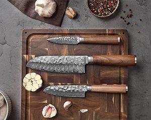 Набір ножів Wakoli Walnut Exclusive, 3 шт. Ніж сантоку, Малий ніж сантоку, Офісний ніж, Дамаська сталь, Горіх synthetic.ua - Фото 1