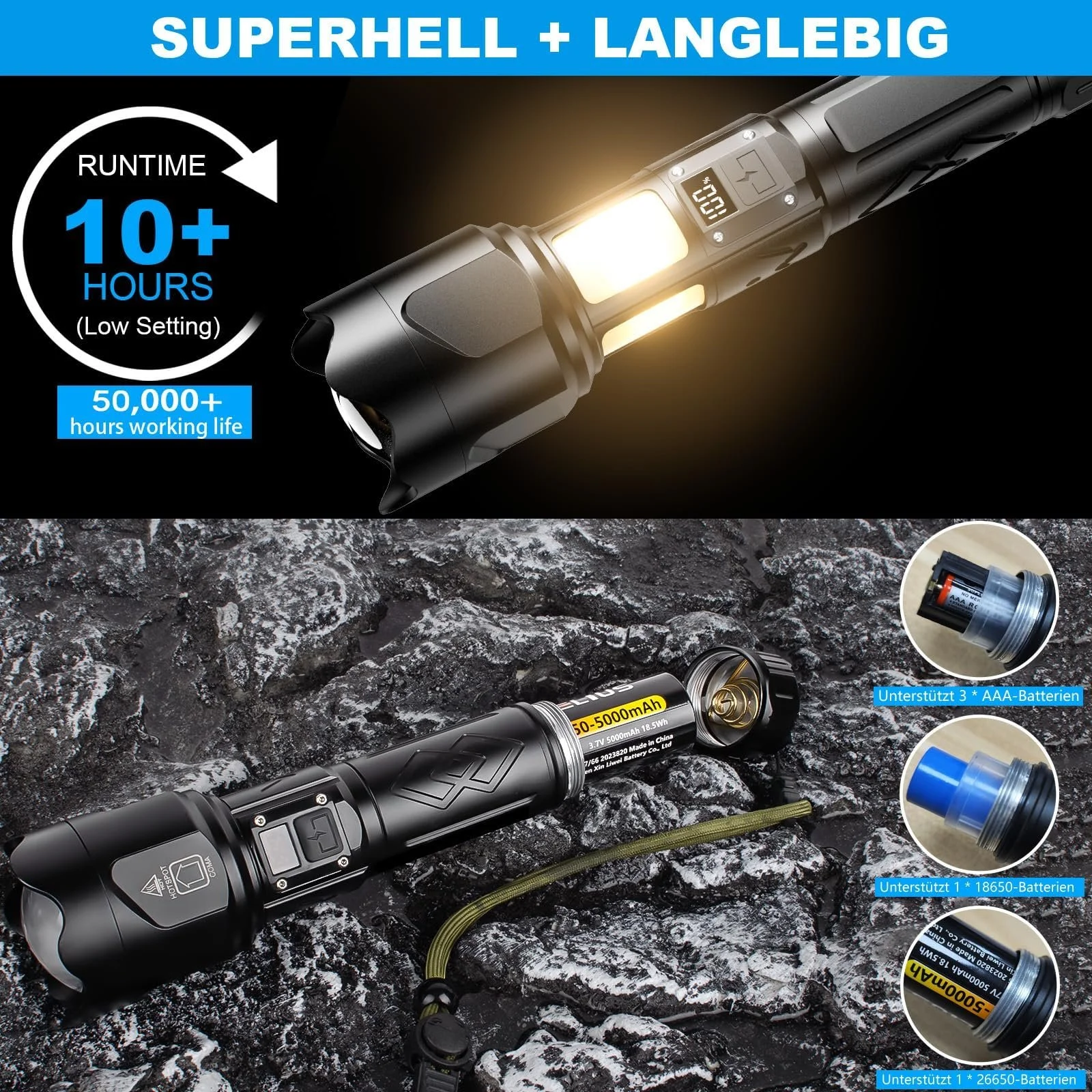 Ліхтар KZK LED Перезаряджуваний 500 000 Люмен, Надзвичайно Яскравий З можливістю Зміни масштабу з Робочим Ліхтарем COB 360, IP67 Водонепроникний, 7 Режимів, Міцна Лампа для Кемпінгу, Риболовлі, Надзвичайних Ситуацій, Відкритий, фото №3