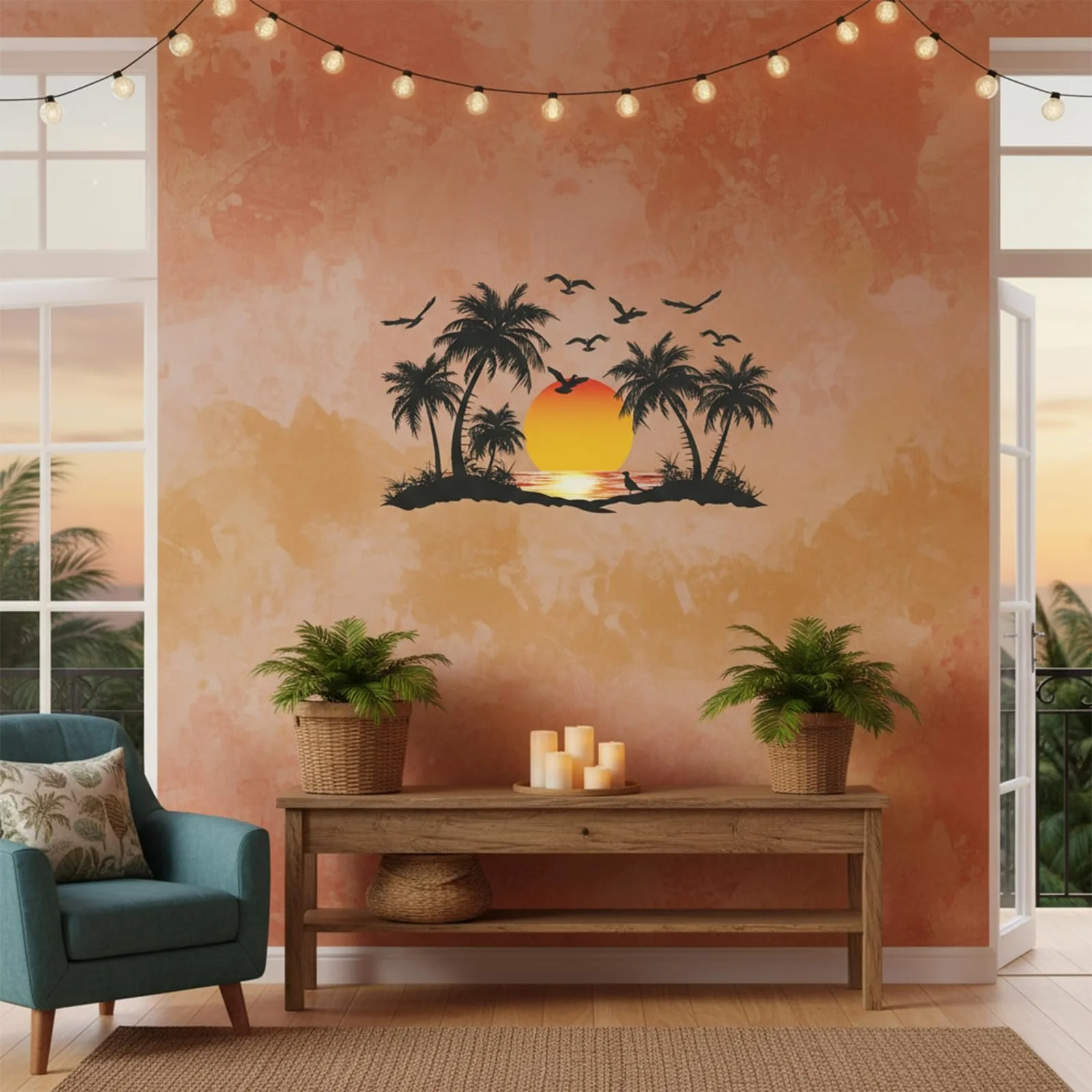 Наклейка на стіну Бохо Пальмове листя Тропічні рослини Птахи, фото №5