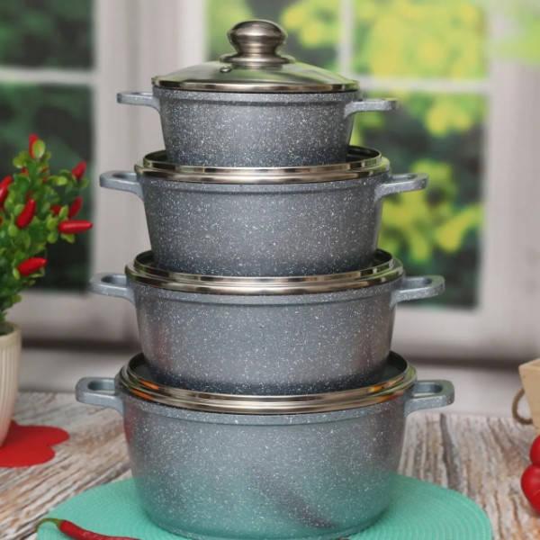 Набор кастрюль с мраморным покрытием 8 предметов Benson BN-379 Серебро, фото №1