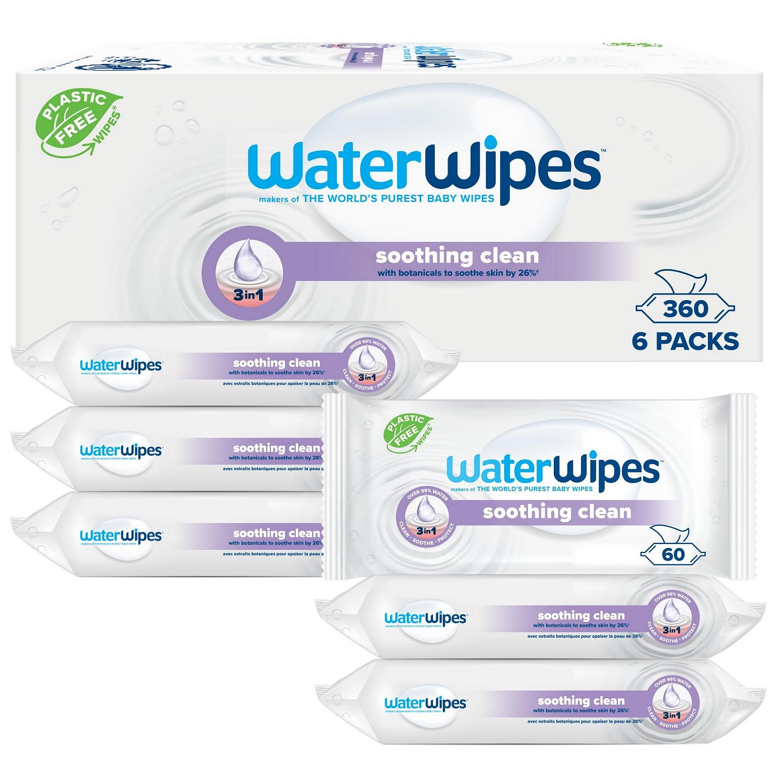 Влажные салфетки WaterWipes Relieving Cleaning Baby, 360 штук (6 упаковок), с 99% содержанием воды и растительных экстрактов, влажные салфетки для лица и тела, фото №1