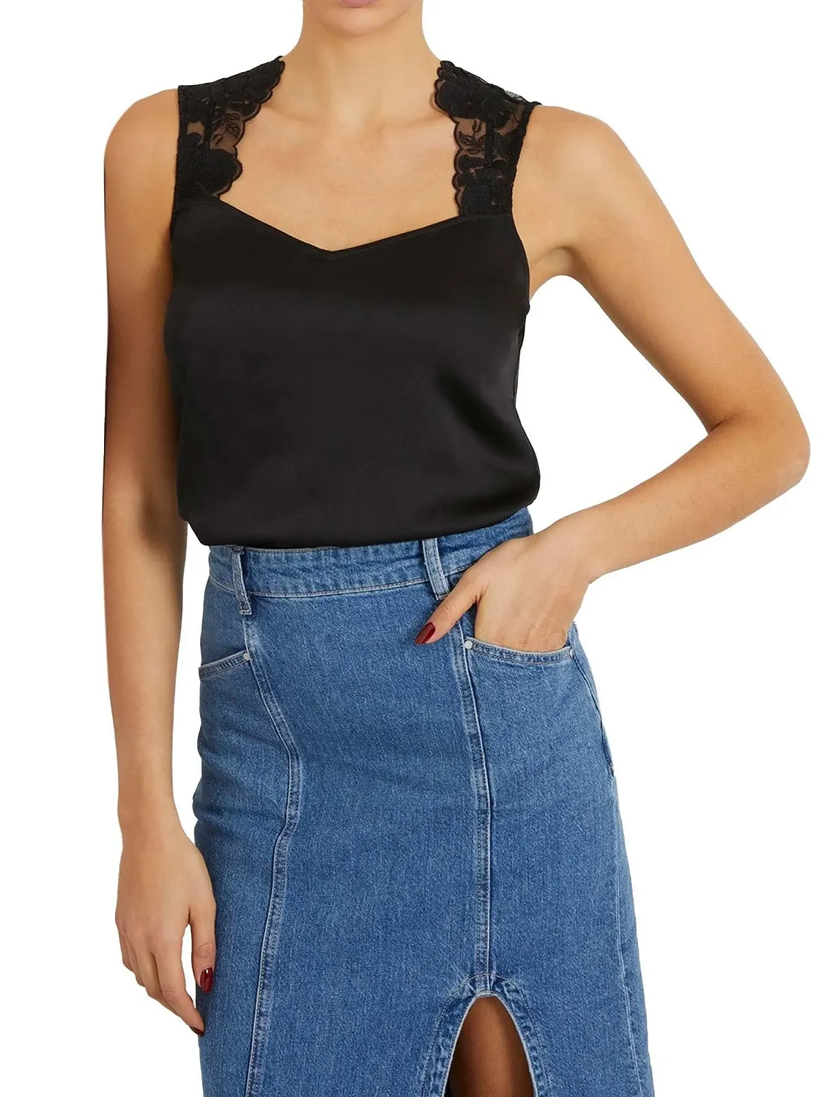 Топ без рукавів GUESS Perla з мереживом для жінок Маленький Чорний (Jet Black), фото №1 Топ без рукавів GUESS Perla з мереживом для жінок Маленький Чорний (Jet Black), фото №1
