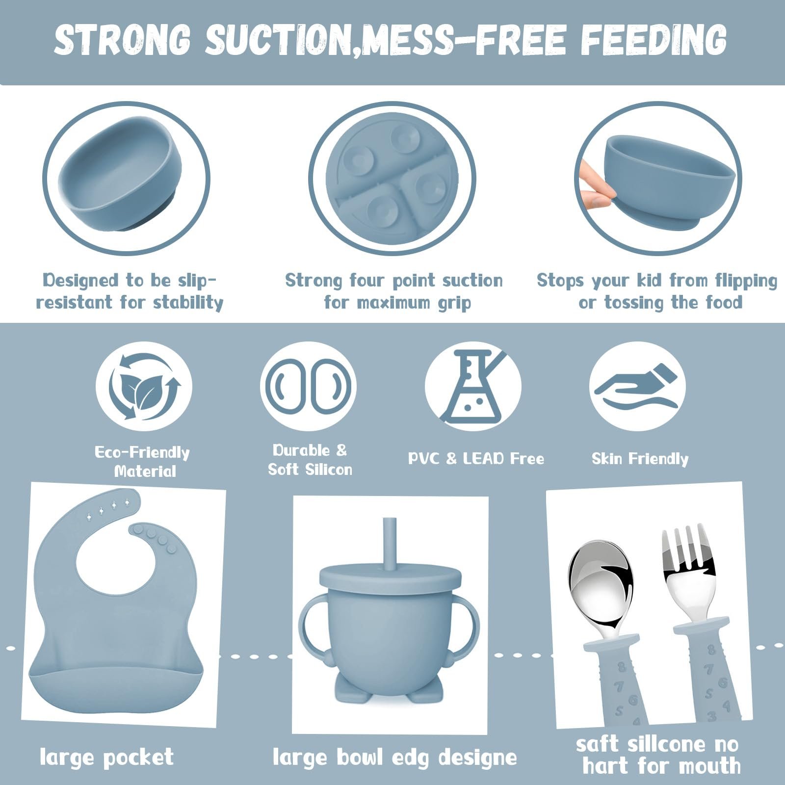 Набор детской посуды Bizcasa Силиконовый, 14 предметов: тарелка, миска, вилка, фрутница, контейнер для заморозки детского пюре, прорезыватель, без BPA, фото №8 Набор детской посуды Bizcasa Силиконовый, 14 предметов: тарелка, миска, вилка, фрутница, контейнер для заморозки детского пюре, прорезыватель, без BPA, фото №8