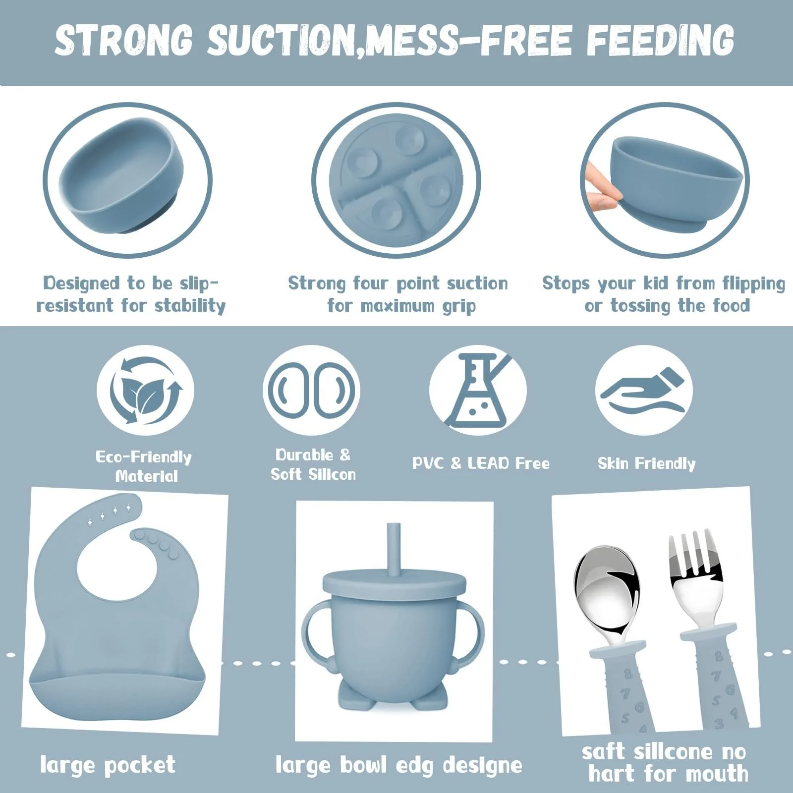 Набір дитячого посуду Bizcasa Силіконовий, 14 предметів: тарілка, миска, виделка, фрутниця, контейнер для заморожування дитячого пюре, прорізувач, без BPA, фото №8 Набір дитячого посуду Bizcasa Силіконовий, 14 предметів: тарілка, миска, виделка, фрутниця, контейнер для заморожування дитячого пюре, прорізувач, без BPA, фото №8