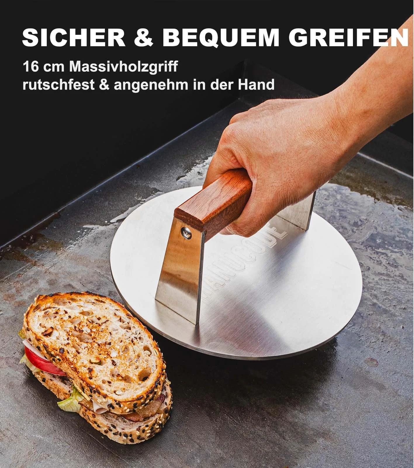 Пресс для бургеров Grill Weight 304 Stainless Steel 1.42 кг 20.5 см с деревянной ручкой, фото №5 Пресс для бургеров Grill Weight 304 Stainless Steel 1.42 кг 20.5 см с деревянной ручкой, фото №5