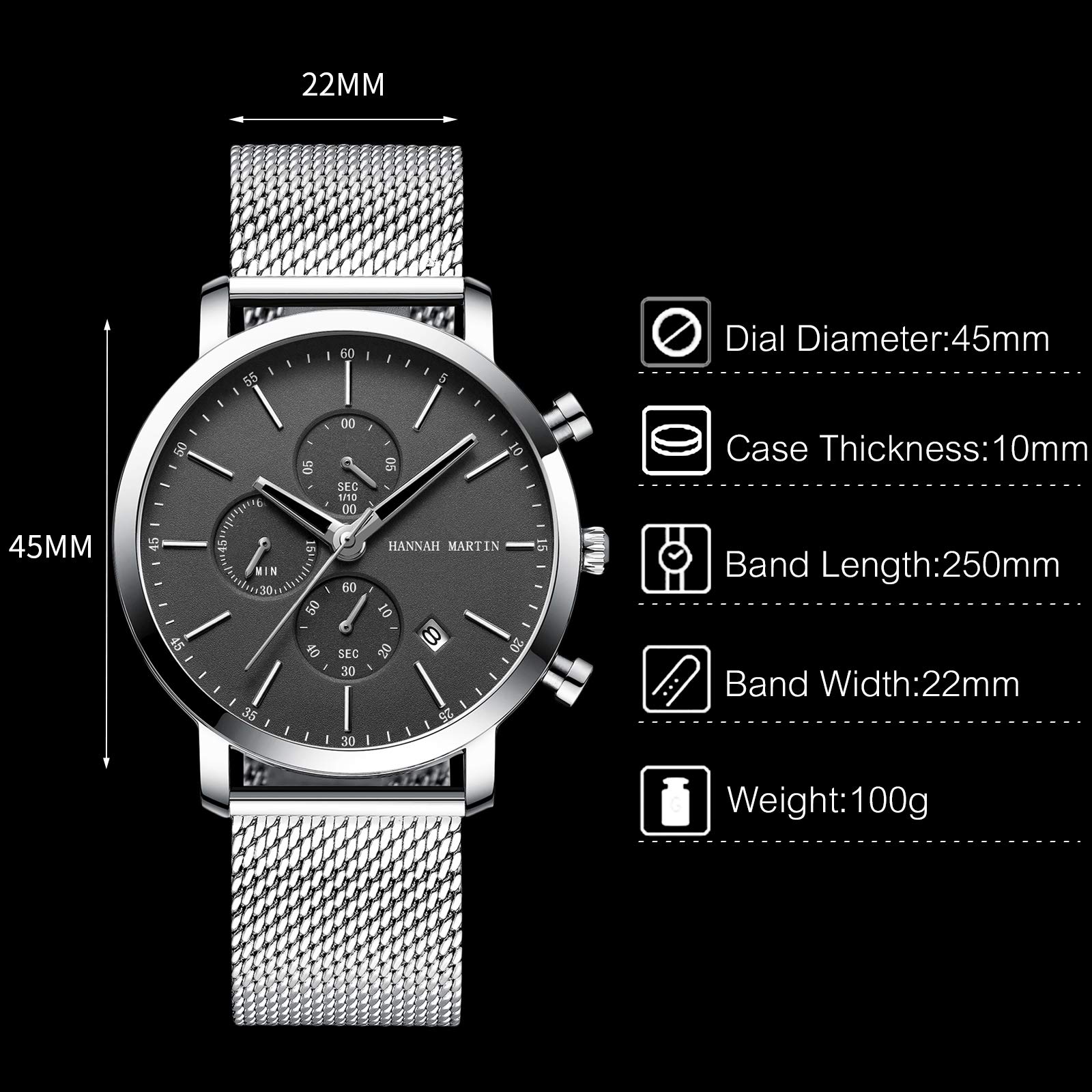 Годинник rorios Хронограф Аналоговий Кварцовий Чоловічий Годинник з ремінцем з нержавіючої сталі Водонепроникний, фото №5