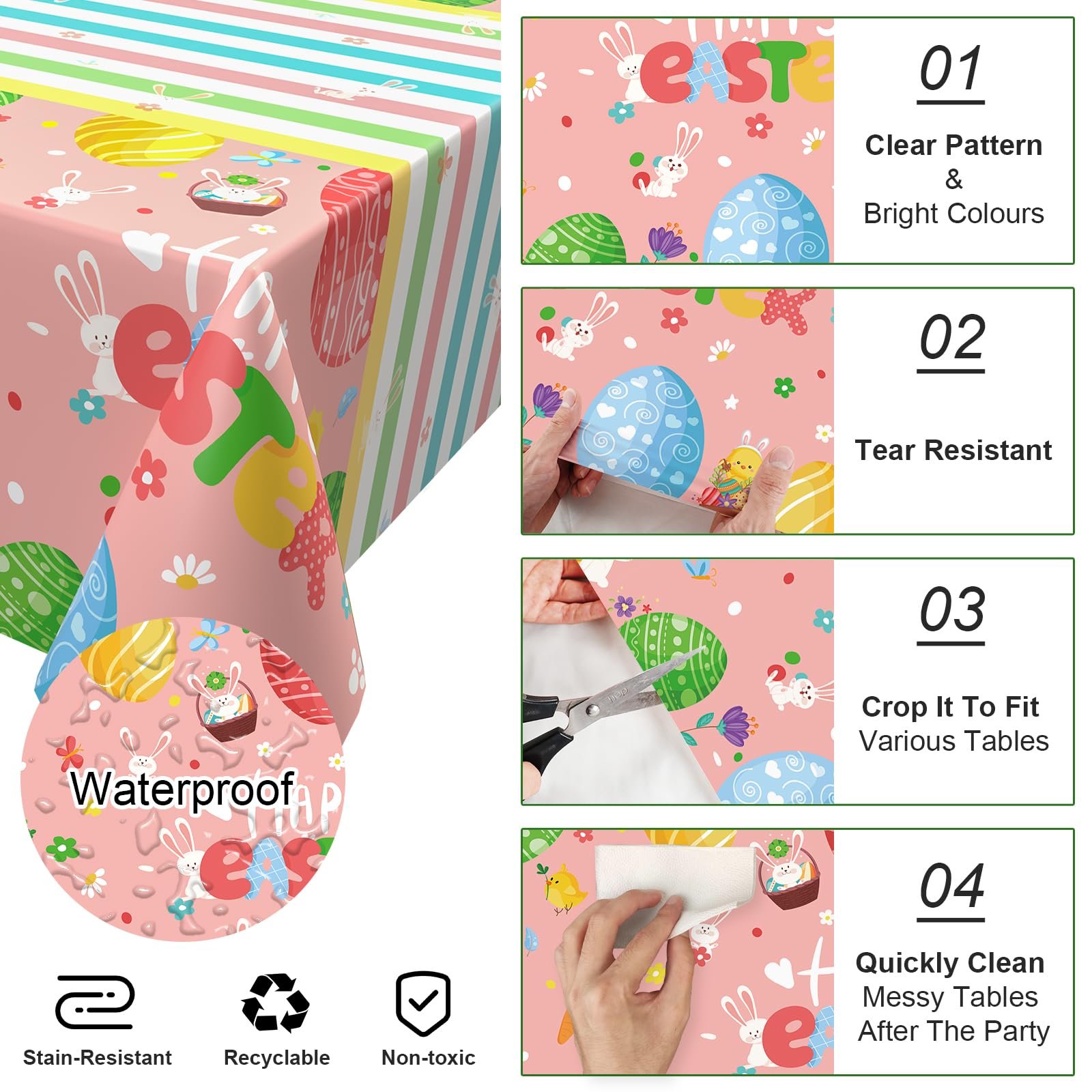 Скатертина Happy Easter набір 2 шт. пластикова, що миється, дизайн кролик та яйця рожева 137 x 274 см, фото №3
