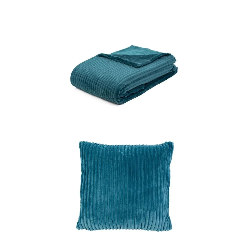 Плед Gözze Cord Look та набір з 2 вельветових подушок 150 x 200 см + 50 x 50 см Petrol Blue, фото №1