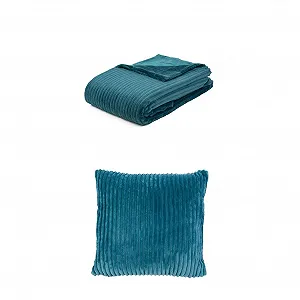 Плед Gözze Cord Look та набір з 2 вельветових подушок 150 x 200 см + 50 x 50 см Petrol Blue - Фото 1