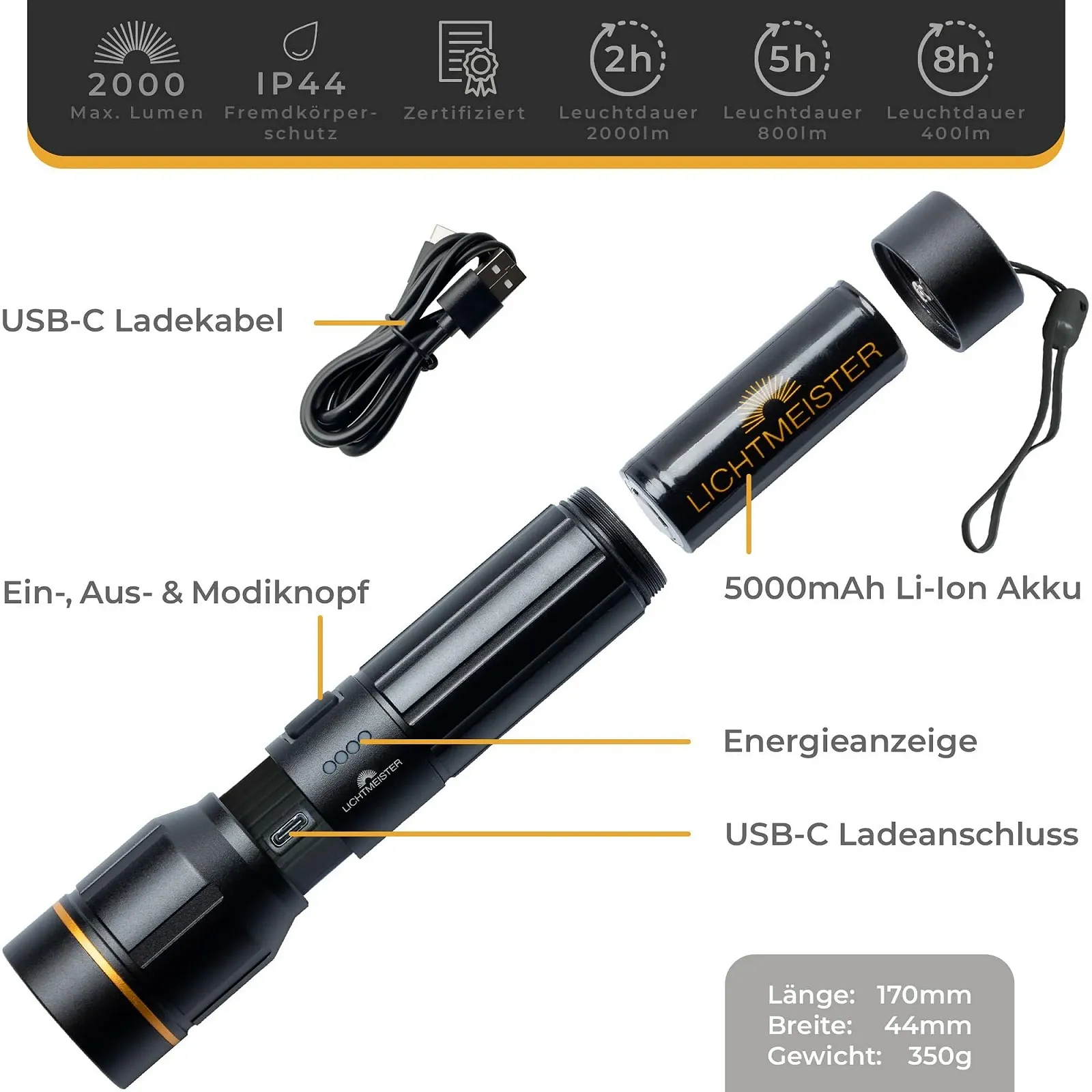 LED Акумуляторний Ліхтар LICHTMEISTER 2000 люмен 5000 мАг, фото №6 LED Акумуляторний Ліхтар LICHTMEISTER 2000 люмен 5000 мАг, фото №6