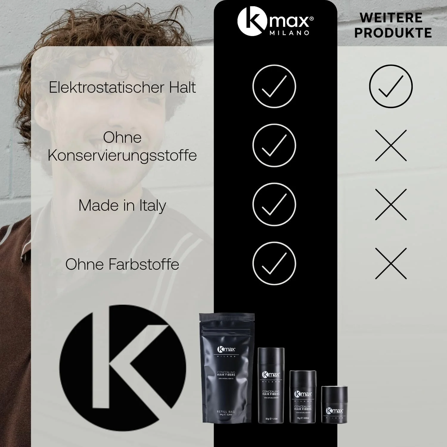 Пудра для волосся Kmax Keratin 15 г, для об'єму волосся з миттєвим загущенням, пудра для коренів, щоб приховати лисини - Чорний, фото №3