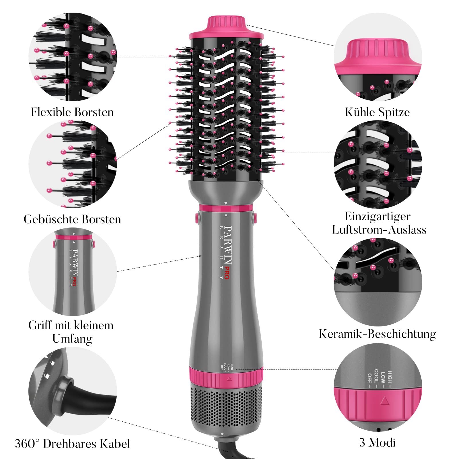 Фен-щетка Parwin Pro Beauty 4-in-1 1000 W с 4 насадками для сушки и стайлинга, фото №7 Фен-щетка Parwin Pro Beauty 4-in-1 1000 W с 4 насадками для сушки и стайлинга, фото №7