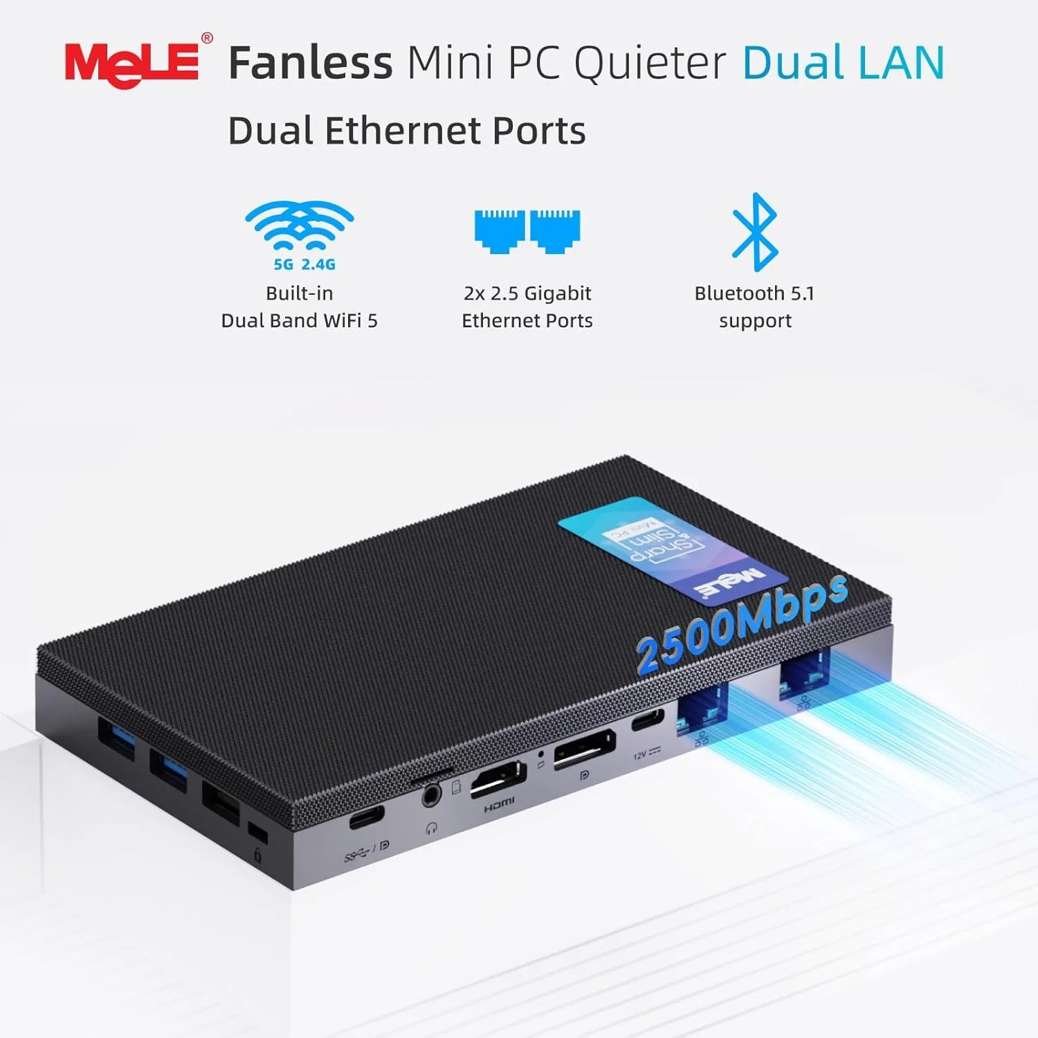 Міні ПК MeLE Quieter DL 41Q / Intel N100 / RAM 4GB / SSD 128GB / Intel UHD Graphics / 2 x HDMI / LAN / Wi-Fi 6 / Bluetooth 5.2 / Windows 11 / Чорний, фото №6 Міні ПК MeLE Quieter DL 41Q / Intel N100 / RAM 4GB / SSD 128GB / Intel UHD Graphics / 2 x HDMI / LAN / Wi-Fi 6 / Bluetooth 5.2 / Windows 11 / Чорний, фото №6