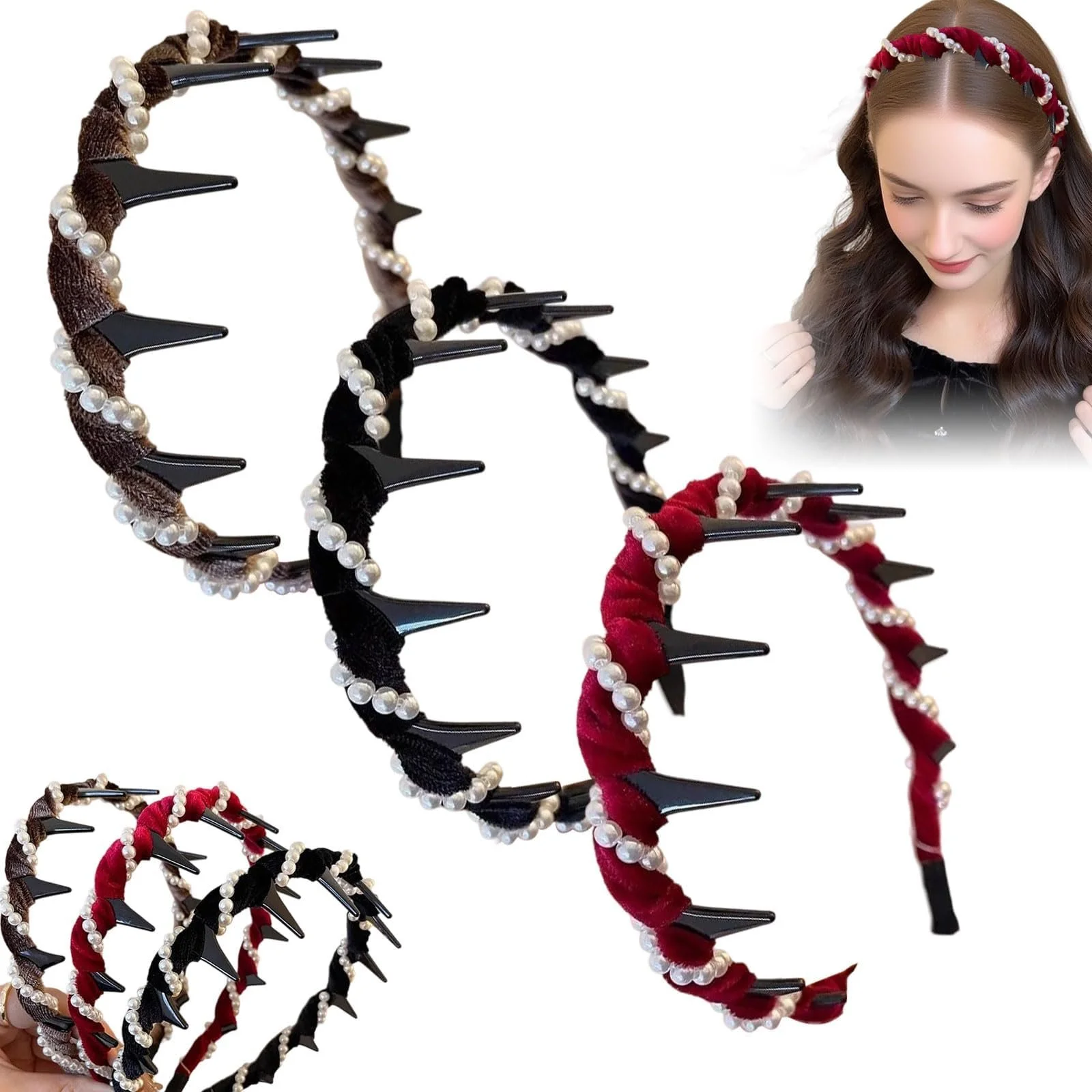 Вінтажний обруч для волосся з штучними перлинами, 3 шт., фото №1